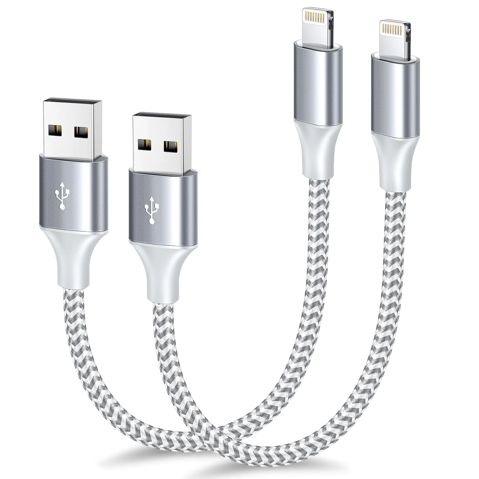 [Apple MFi Certified] Short iPhone Charger 1ft 2Pack,USB A to Lightning Cord Nylon Braided 12 Inch Fast Charging iPhone Cable Compatible with iPhone 14 13 12 11 Pro/Max/Mini Xs SE2/iPad for Car 2Pack-1FT silver