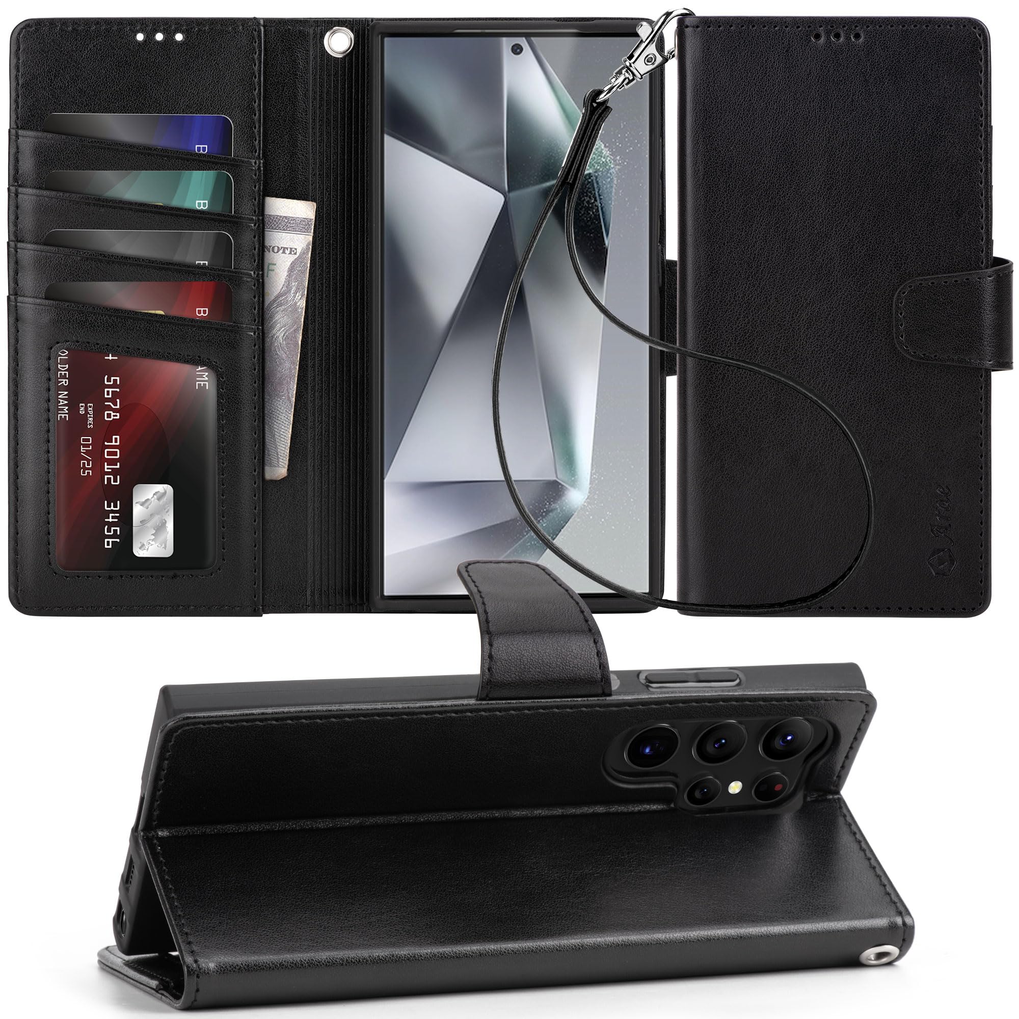 Arae Case for Samsung Galaxy S24 Ultra 5G Wallet Case Flip Cover with Card Holder,Faux Leather Galaxy S24 Ultra 6.8 inch Case Wallet for Women and Men with Kickstand Wristlet Strap,Black S24 Ultra-6.8 inch Black