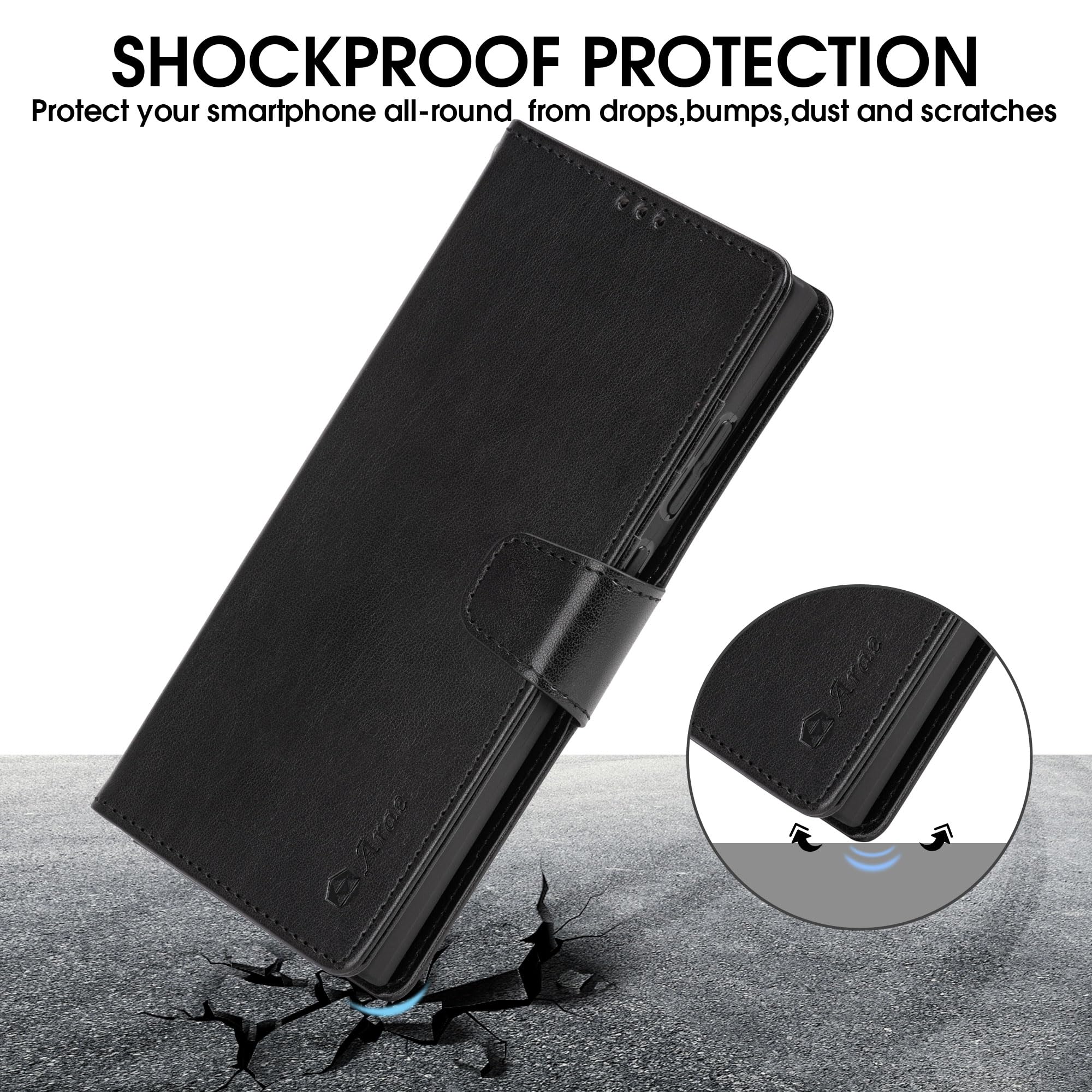 Arae Case for Samsung Galaxy S24 Ultra 5G Wallet Case Flip Cover with Card Holder,Faux Leather Galaxy S24 Ultra 6.8 inch Case Wallet for Women and Men with Kickstand Wristlet Strap,Black S24 Ultra-6.8 inch Black - Image 3