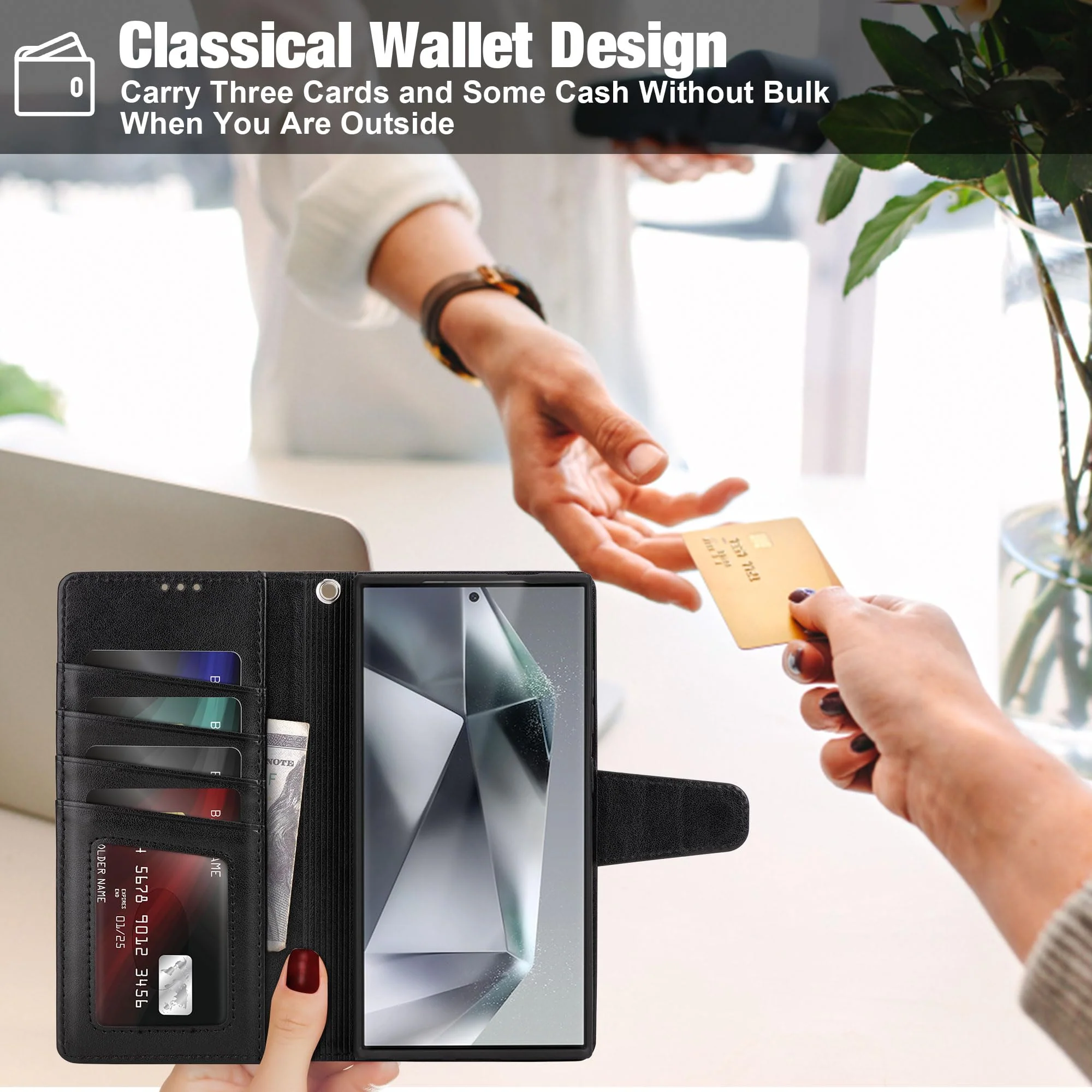 Arae Case for Samsung Galaxy S24 Ultra 5G Wallet Case Flip Cover with Card Holder,Faux Leather Galaxy S24 Ultra 6.8 inch Case Wallet for Women and Men with Kickstand Wristlet Strap,Black S24 Ultra-6.8 inch Black - Image 7