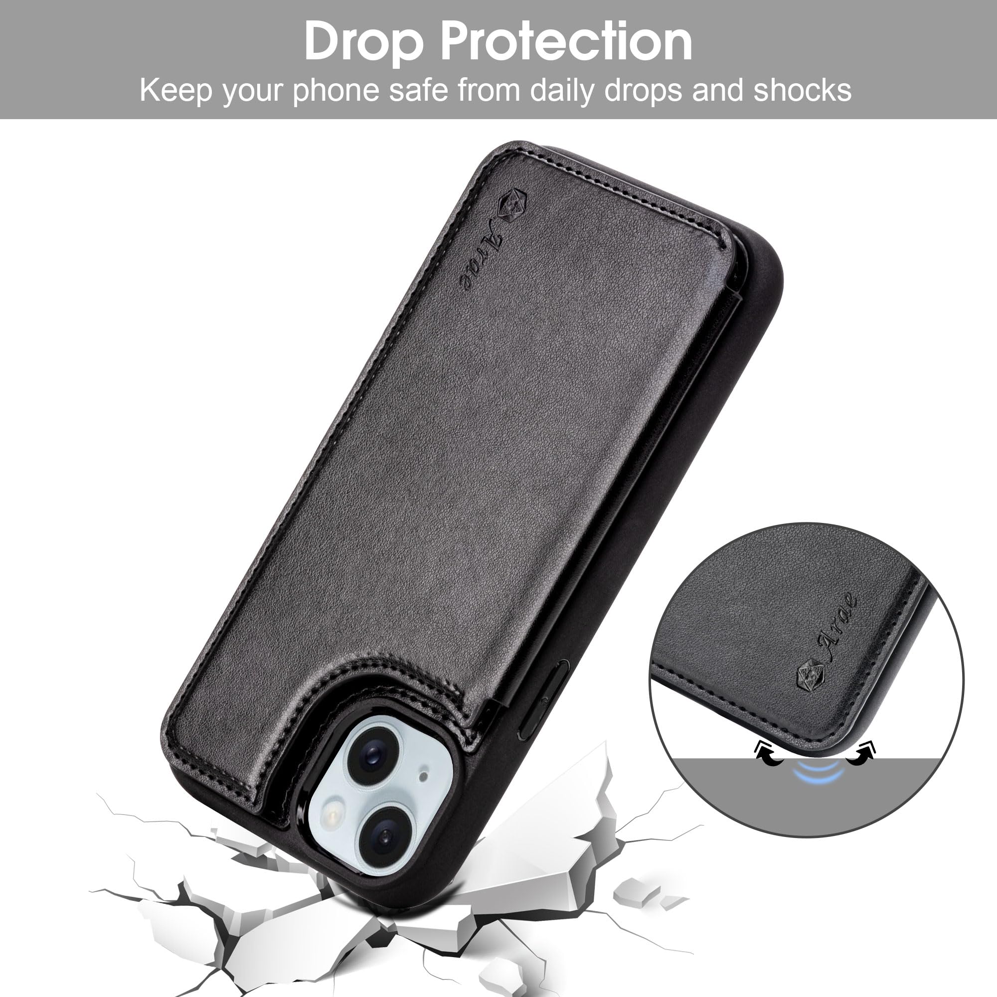 Arae Compatible for iPhone 15 Case with Card Holder - Wallet Case with PU Leather Card Pockets Back Flip Cover for iPhone 15 6.1 inch - Black iPhone 15 6.1'' - Image 6