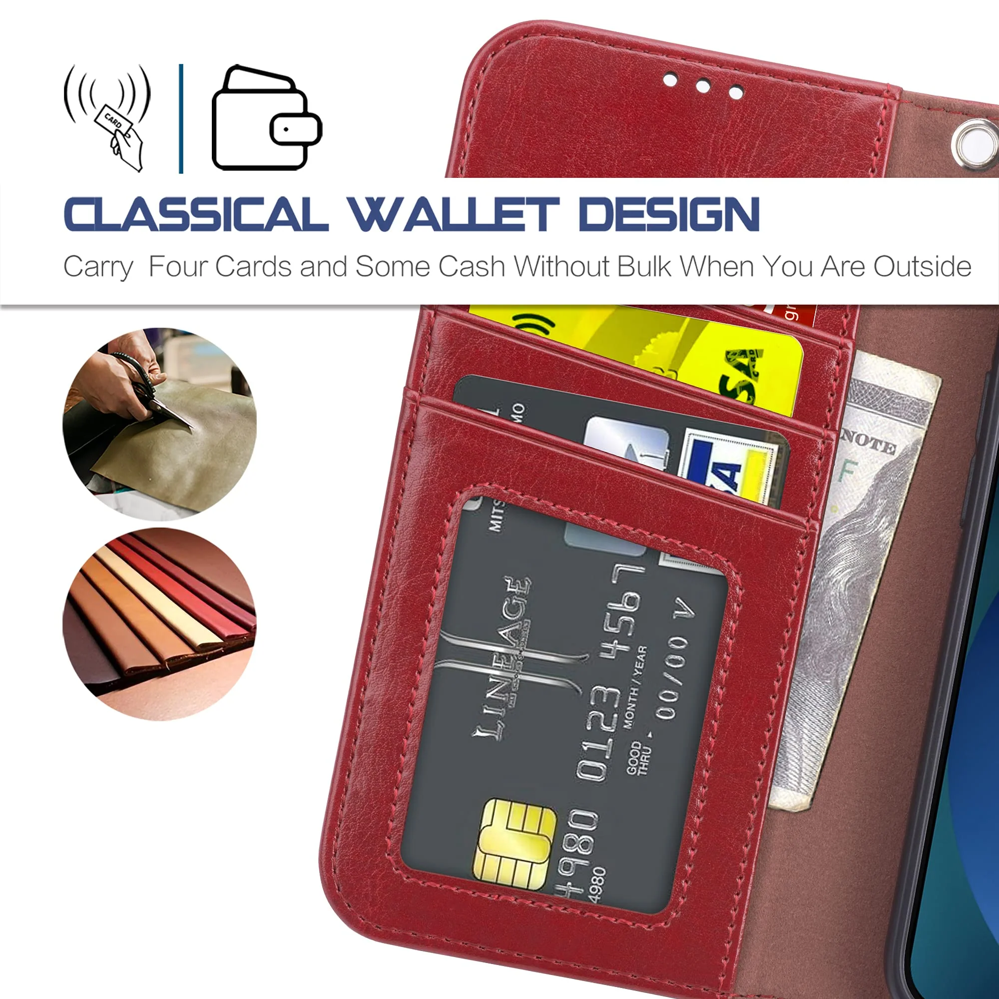 Arae Compatible with iPhone 13 Case[Not for iPhone 13 Pro.] with Card Holder and Wrist Strap Wallet Flip Cover for iPhone 13 6.1 inch-Wine Red iPhone 13(6.1") Wine Red - Image 4
