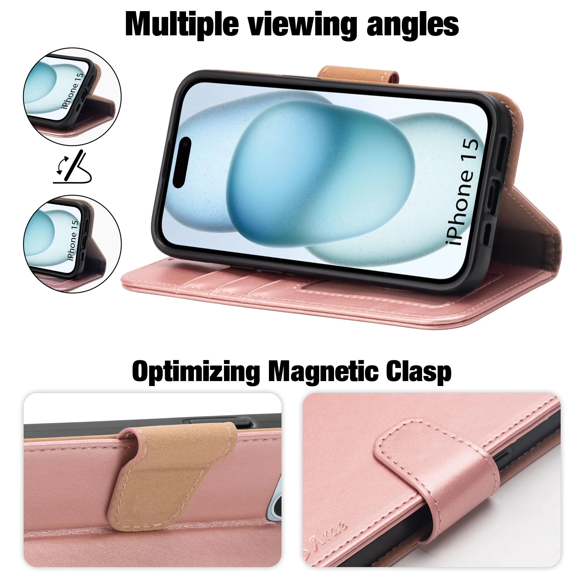 Arae Compatible with iPhone 15 Case with Card Holder and Wrist Strap Wallet Flip Cover for iPhone 15 6.1 inch,Rose Gold Rose Gold - Image 3