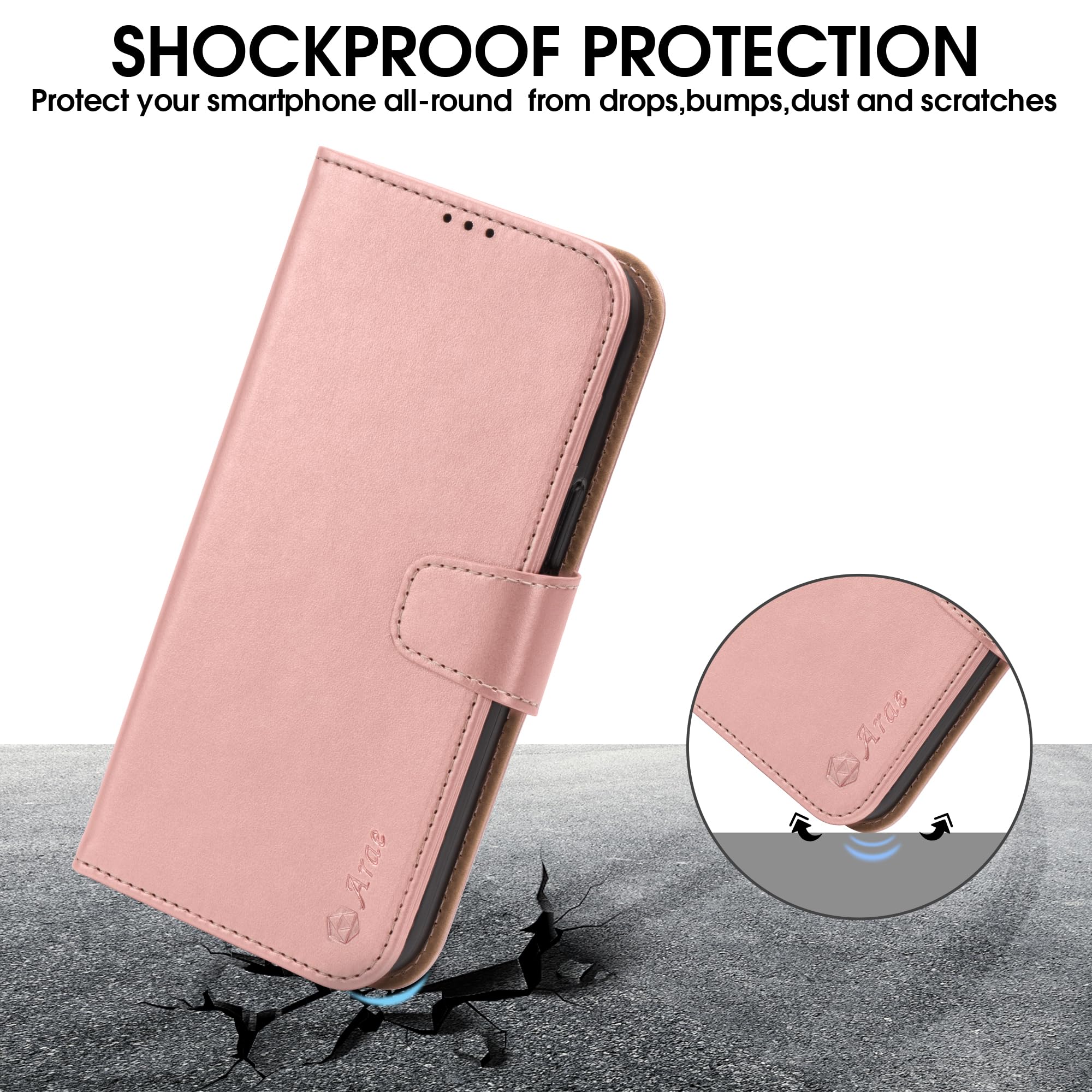 Arae Compatible with iPhone 15 Case with Card Holder and Wrist Strap Wallet Flip Cover for iPhone 15 6.1 inch,Rose Gold Rose Gold - Image 5