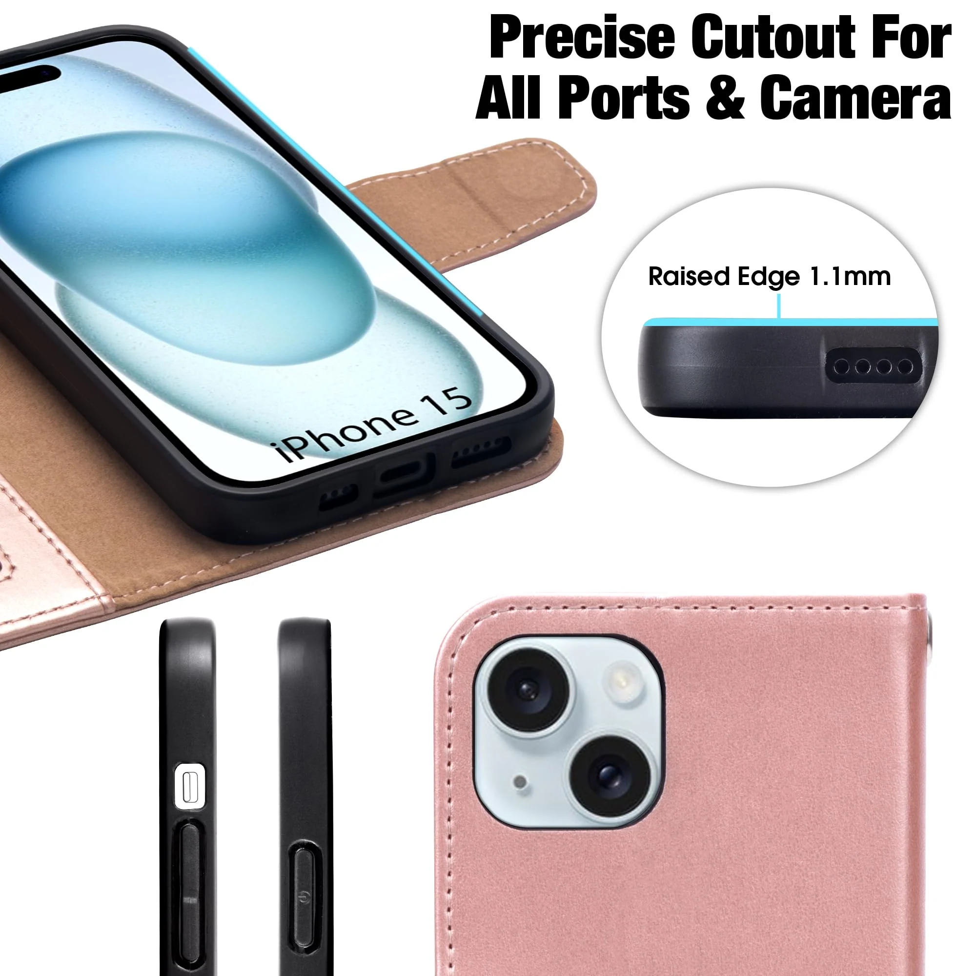 Arae Compatible with iPhone 15 Case with Card Holder and Wrist Strap Wallet Flip Cover for iPhone 15 6.1 inch,Rose Gold Rose Gold - Image 6