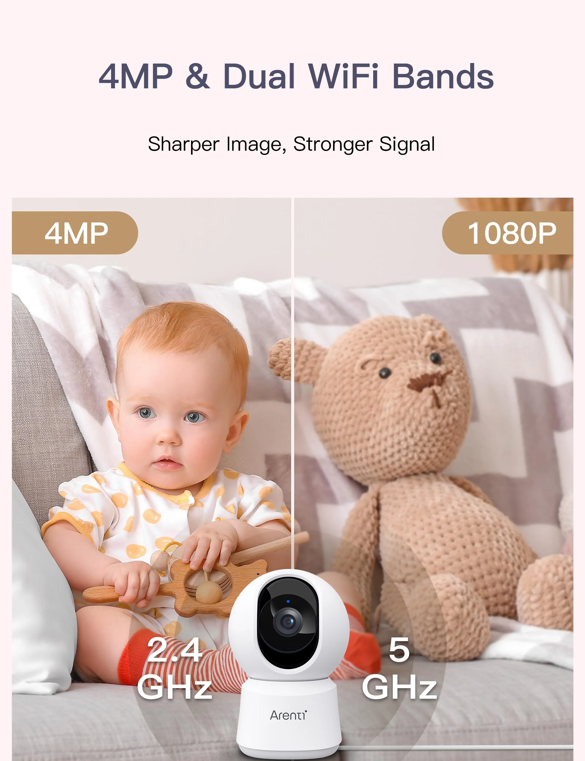 ARENTI 5ghz WiFi Security Camera Indoor, 4MP Plug-in Pet Dog Camera with Phone App, Baby Home Cam 2.4G/5G Dual-Band, AI Motion Detection, Auto Tracking, 2-Way Talk, Night Vision, Works with Alexa BEIGE - Image 2