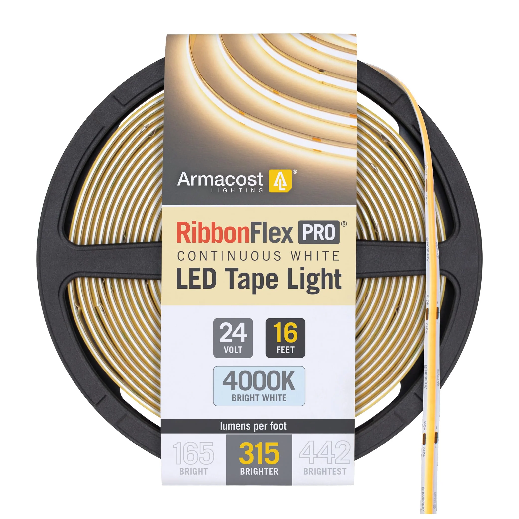 Armacost Lighting RibbonFlex Pro 24V White COB LED Strip Light Tape 4000K, 315 Lumens/Ft, 5M 172330 16.4 ft Bright White 4000K