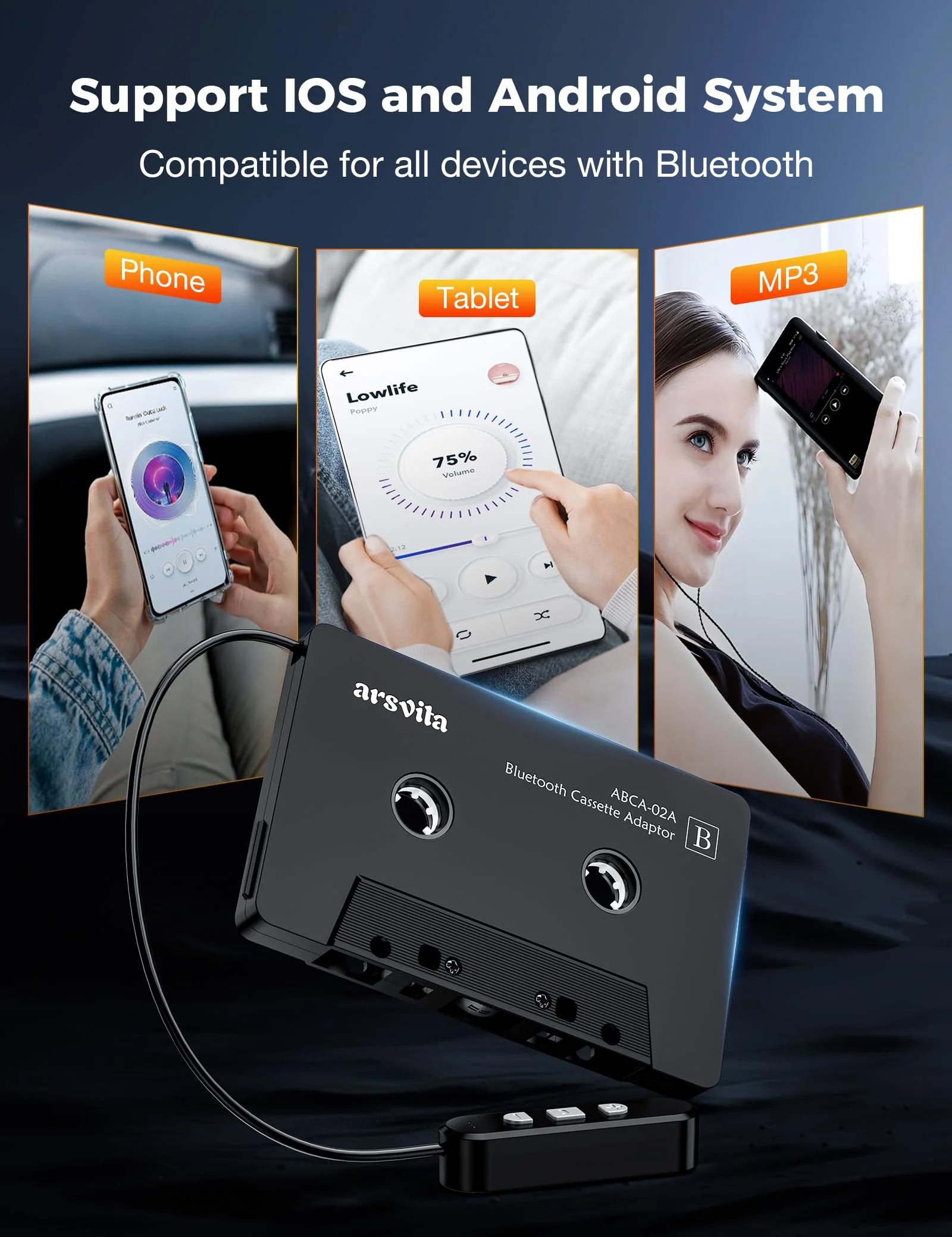 arsvita 5.1 Bluetooth Cassette Adapter, Car Audio Bluetooth Cassette Receiver, Cassette Bluetooth Adapter for Car Support Micro SD Card, Hands-Free Call, Black, Type BCA02 - Image 5