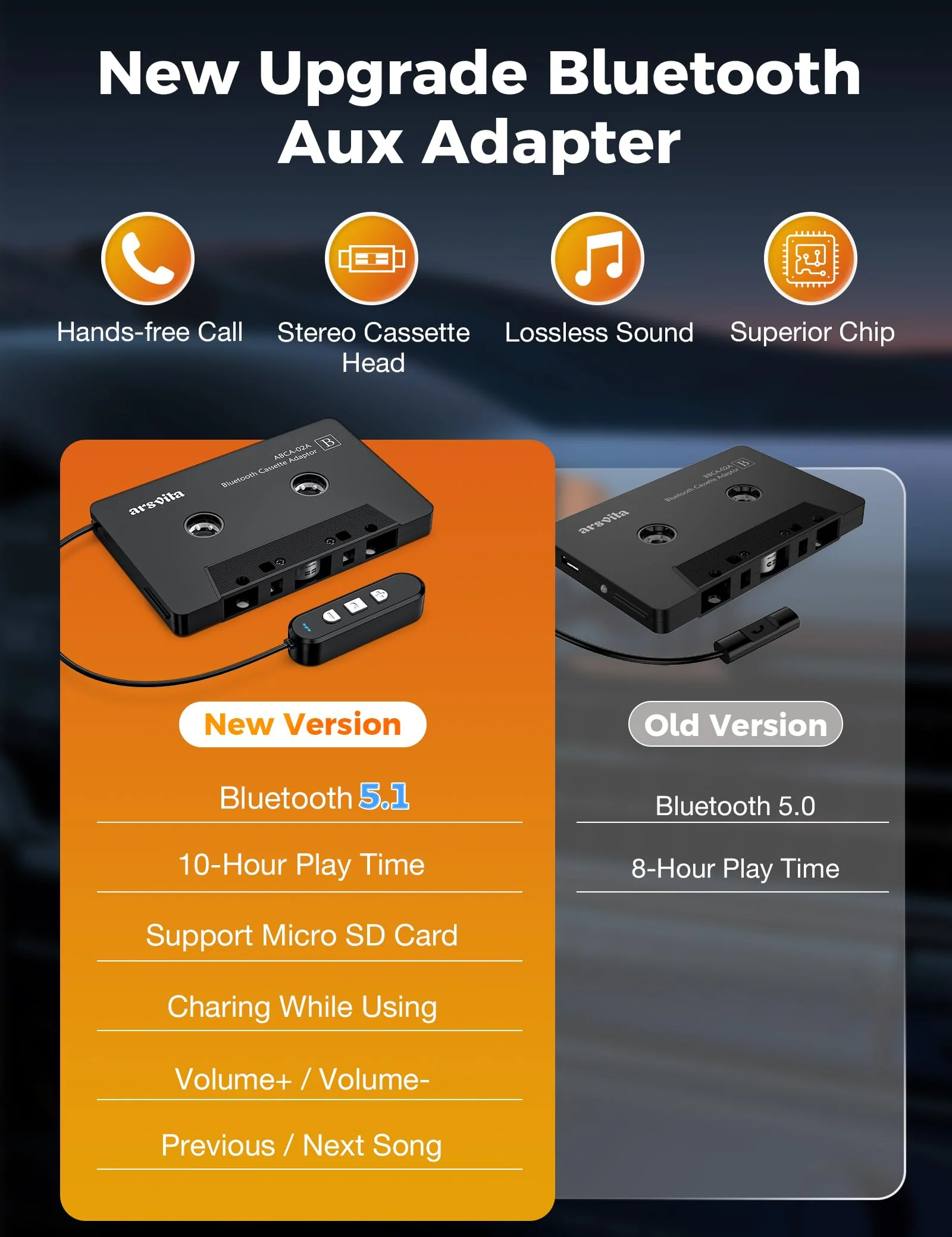 Arsvita Car Audio Bluetooth Cassette Receiver, Bluetooth 5.0 Cassette to Aux Adapter for car, Tape Audio Adapter, Support Micro SD Card, Hands-Free Call, Black - Image 2
