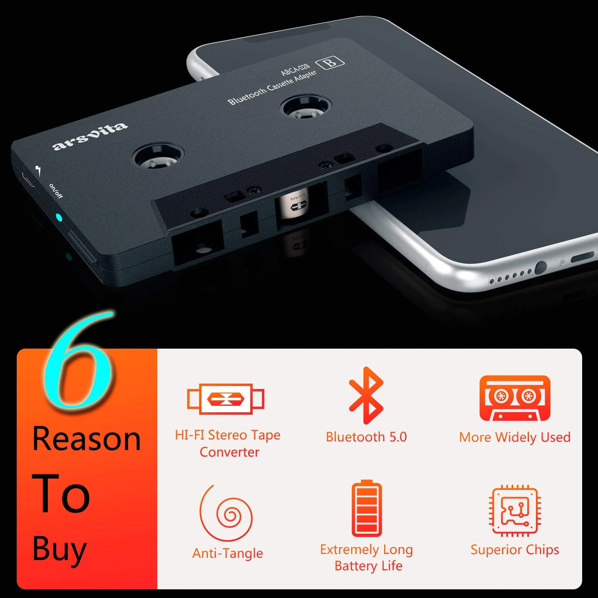 Arsvita Car Audio Bluetooth Wireless Cassette Receiver, Tape Player Bluetooth 5.0 Cassette Aux Adapter, Black - Image 2