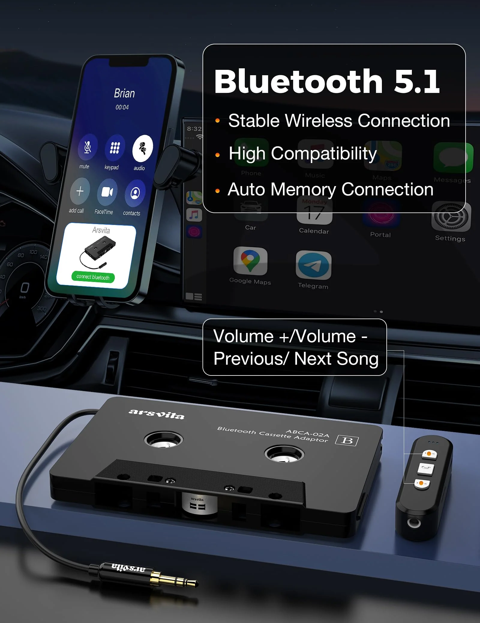 Arsvita Car Audio Cassette to Aux Adapter, 5.1 Bluetooth Receiver Kit for Cassette to Aux Adapter, Bluetooth Receiver Compatible with 3.5 MM Auxillary Cable Tape Adapter, Black, Type BCAK04 - Image 3