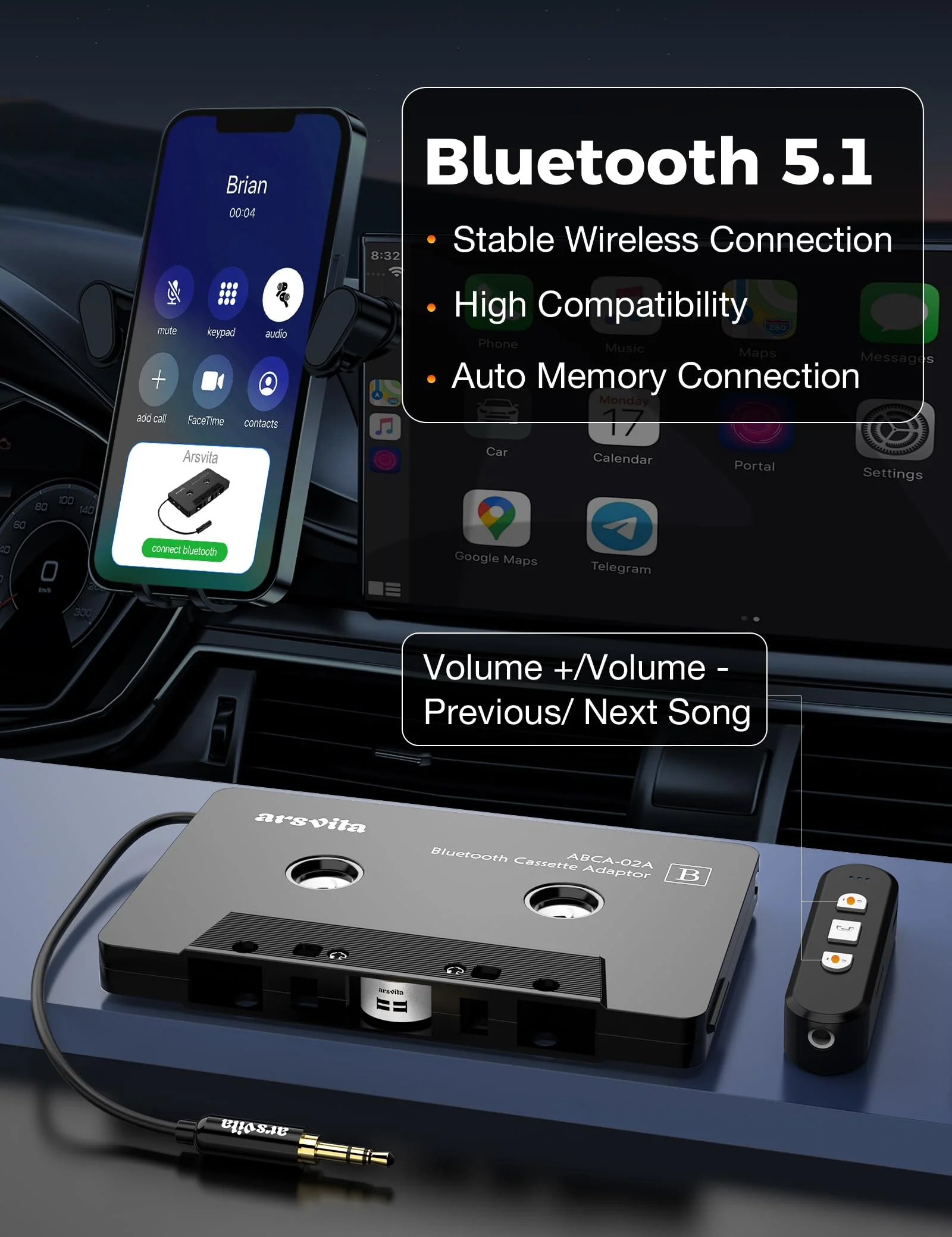 Arsvita Car Audio Cassette to Aux Adapter, 5.1 Bluetooth Receiver Kit for Cassette to Aux Adapter, Bluetooth Receiver Compatible with 3.5 MM Auxillary Cable Tape Adapter, Charcoal Black, Type BCAK03 - Image 5