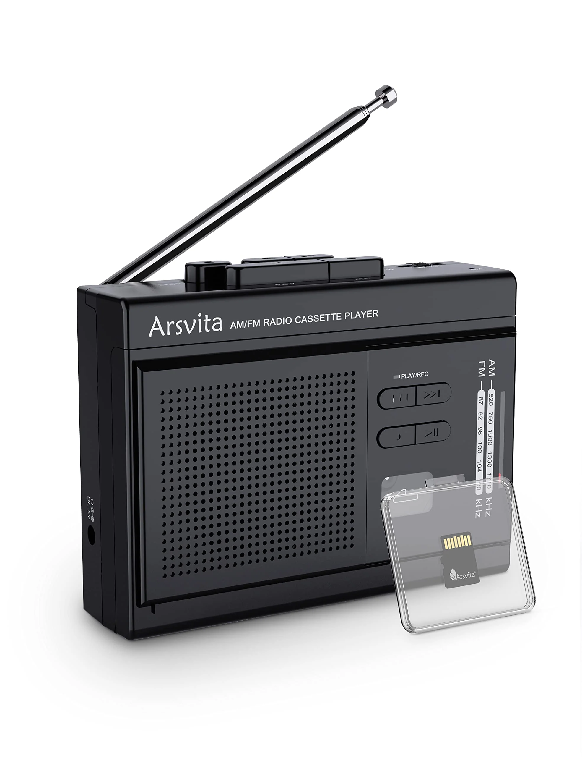 Arsvita Portable Cassette Player and Recorder, Cassette to MP3 Digital Converter, AM/FM Radio Tape Walkman, Support Micro SD Card (16GB Included), Build-in Speaker and Microphone, Black Black(Include 16GB Micro SD Card)