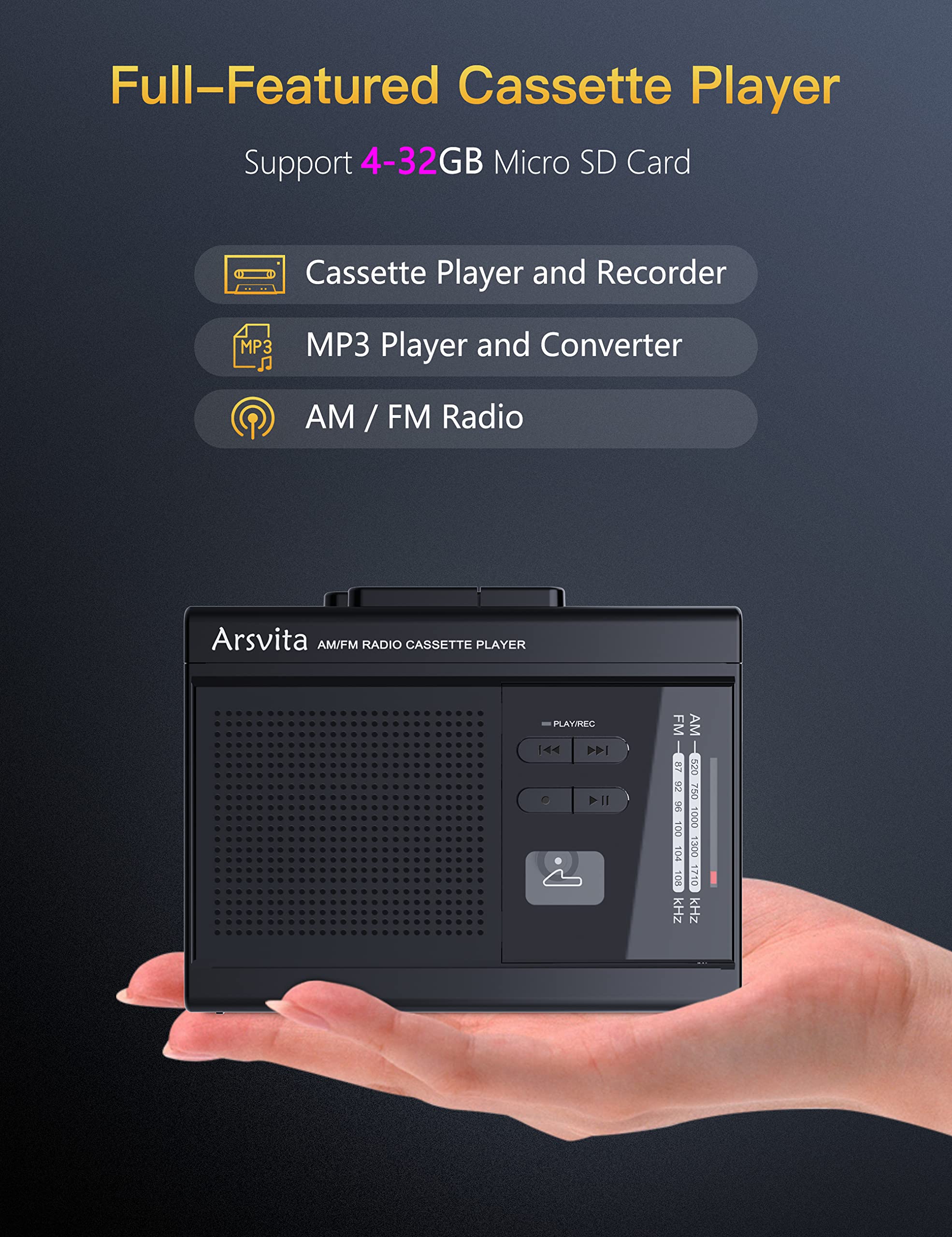 Arsvita Portable Cassette Player and Recorder, Cassette to MP3 Digital Converter, AM/FM Radio Tape Walkman, Support Micro SD Card (16GB Included), Build-in Speaker and Microphone, Black Black(Include 16GB Micro SD Card) - Image 2