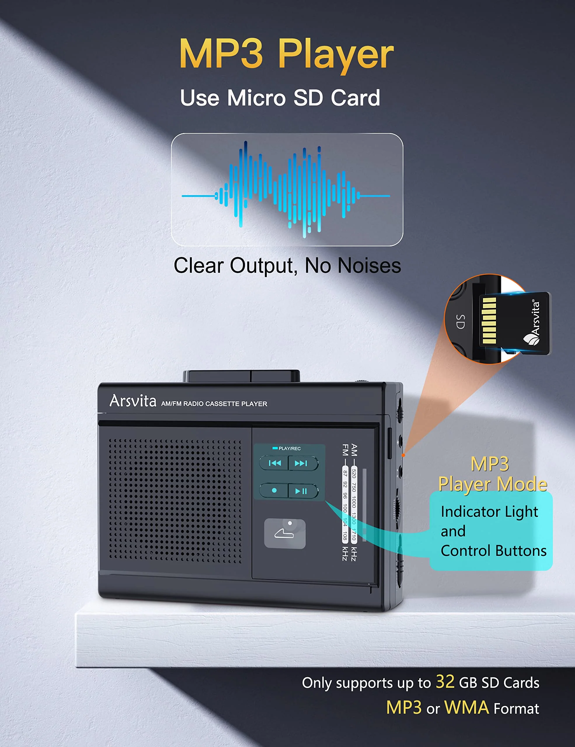 Arsvita Portable Cassette Player and Recorder, Cassette to MP3 Digital Converter, AM/FM Radio Tape Walkman, Support Micro SD Card (16GB Included), Build-in Speaker and Microphone, Black Black(Include 16GB Micro SD Card) - Image 6