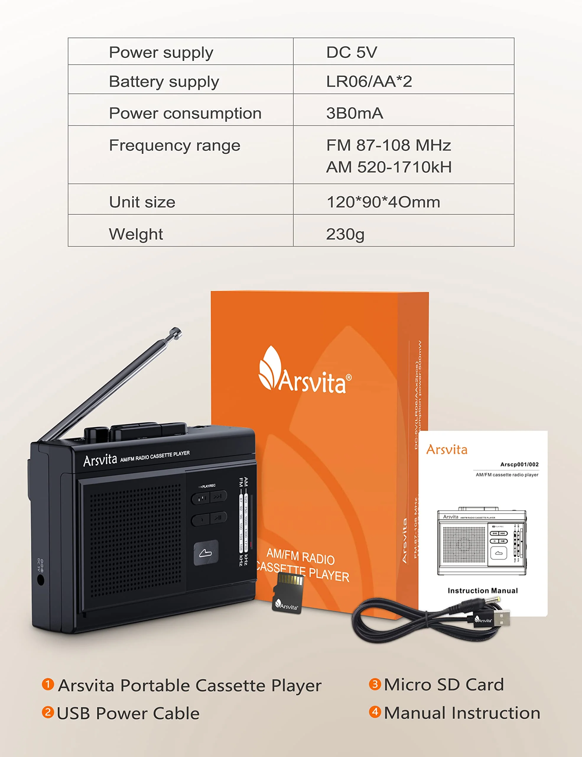 Arsvita Portable Cassette Player and Recorder, Cassette to MP3 Digital Converter, AM/FM Radio Tape Walkman, Support Micro SD Card (16GB Included), Build-in Speaker and Microphone, Black Black(Include 16GB Micro SD Card) - Image 8