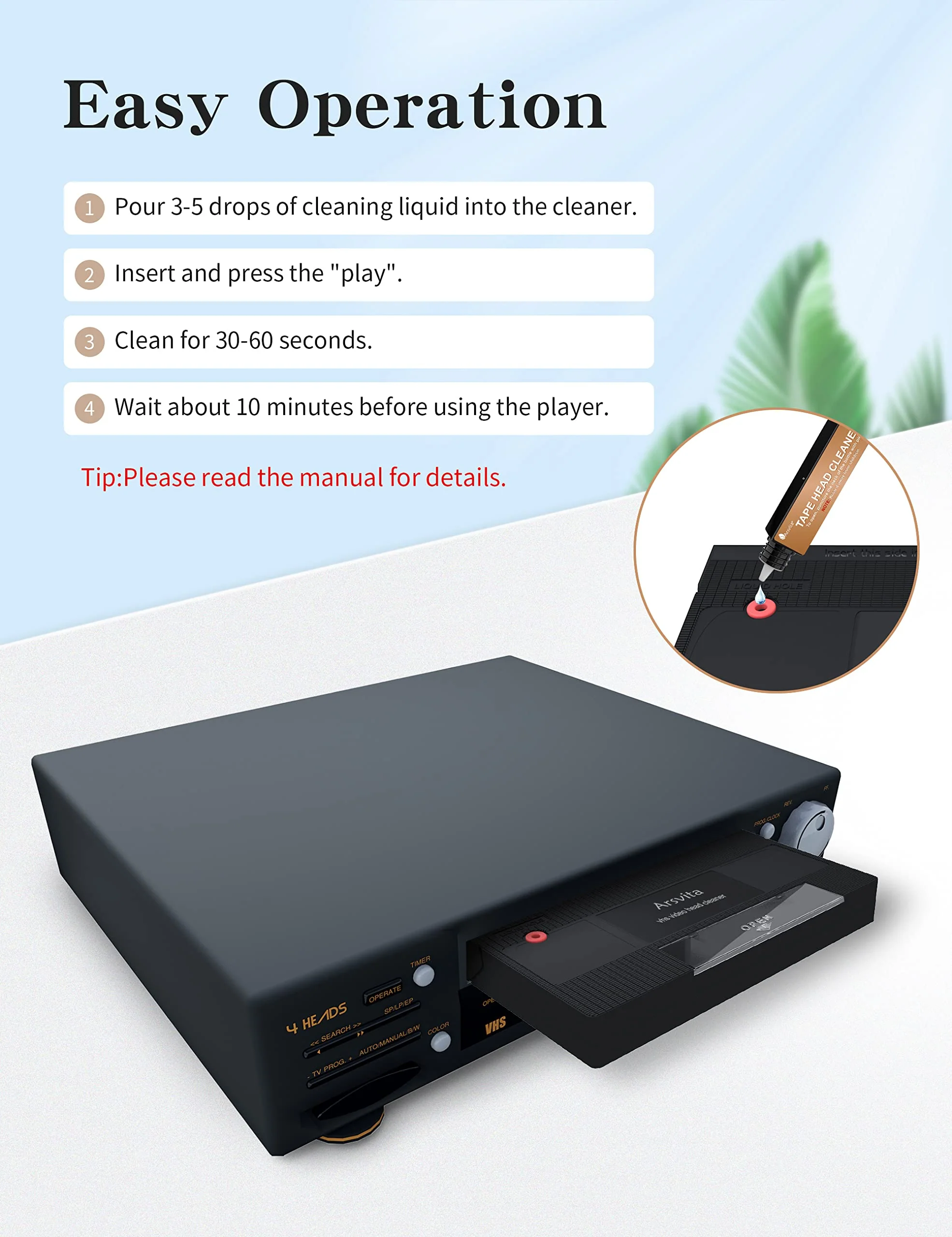 Arsvita VHS/VCR Head Cleaner Tape, Video Head Cleaning Kit for VHS/VCR Players, Wet Type, ARVC-3 - Image 3