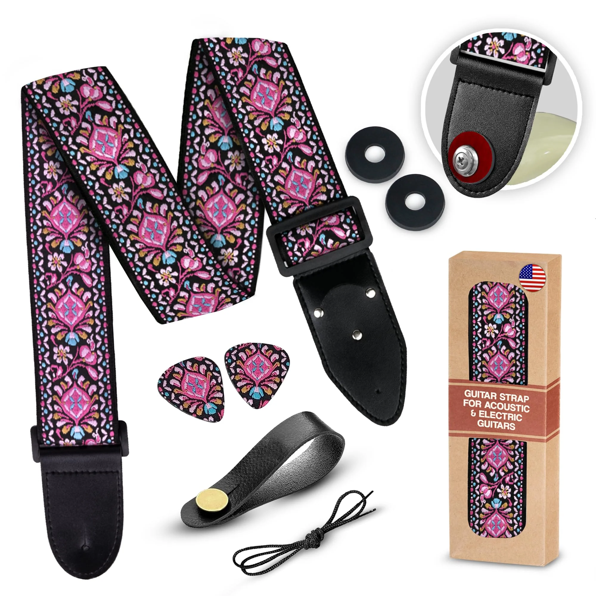 Art Tribute Guitar Strap For Acoustic, Electric and Bass Guitar, Adjustable Pink Woven Strap W/FREE BONUS 2 Picks + Strap Locks + Strap Button. Gift Set For Men & Women Guitar Players Non Personalized