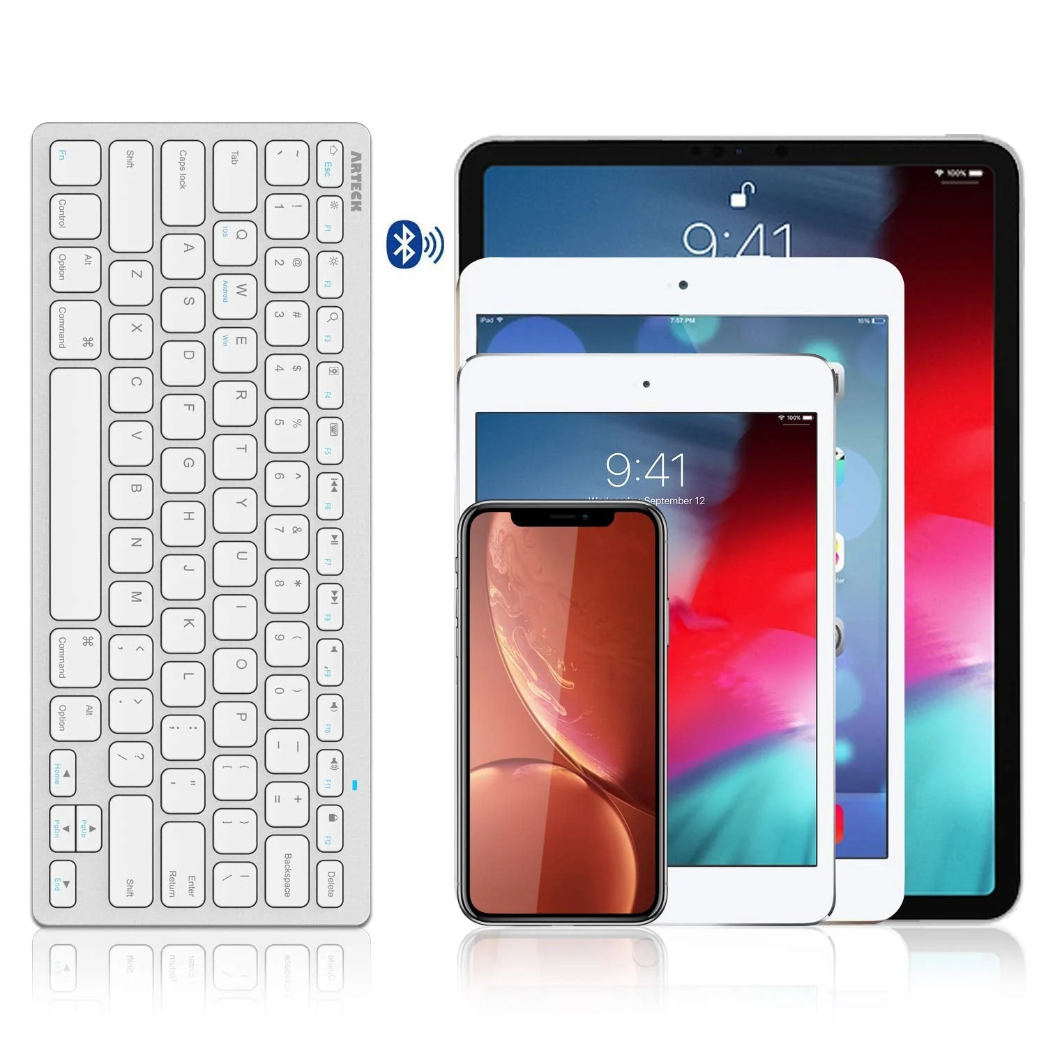 Arteck Ultra-Slim Bluetooth Keyboard Compatible with iPad 10.2-inch/iPad Air/iPad 9.7-inch/iPad Pro/iPad Mini, iPhone and Other Bluetooth Enabled Devices Including iOS, Android, Windows Silver - Image 7