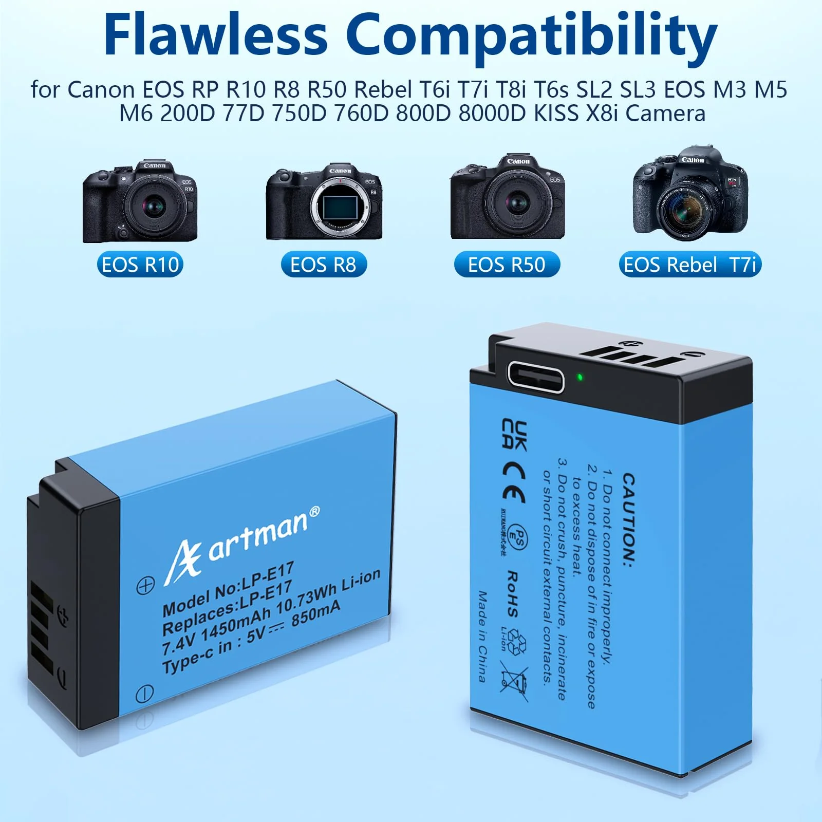 Artman 2-Pack LP-E17 Battery 1450mAh with Type-C Direct Charging Port for Canon EOS R50 RP R10 R8,Rebel T6i,T7i,T8i, T6s, SL2, SL3, EOS M3, M5, M6, EOS 200D, 77D, 750D, 760D, 800D, 8000D,Camera - Image 2