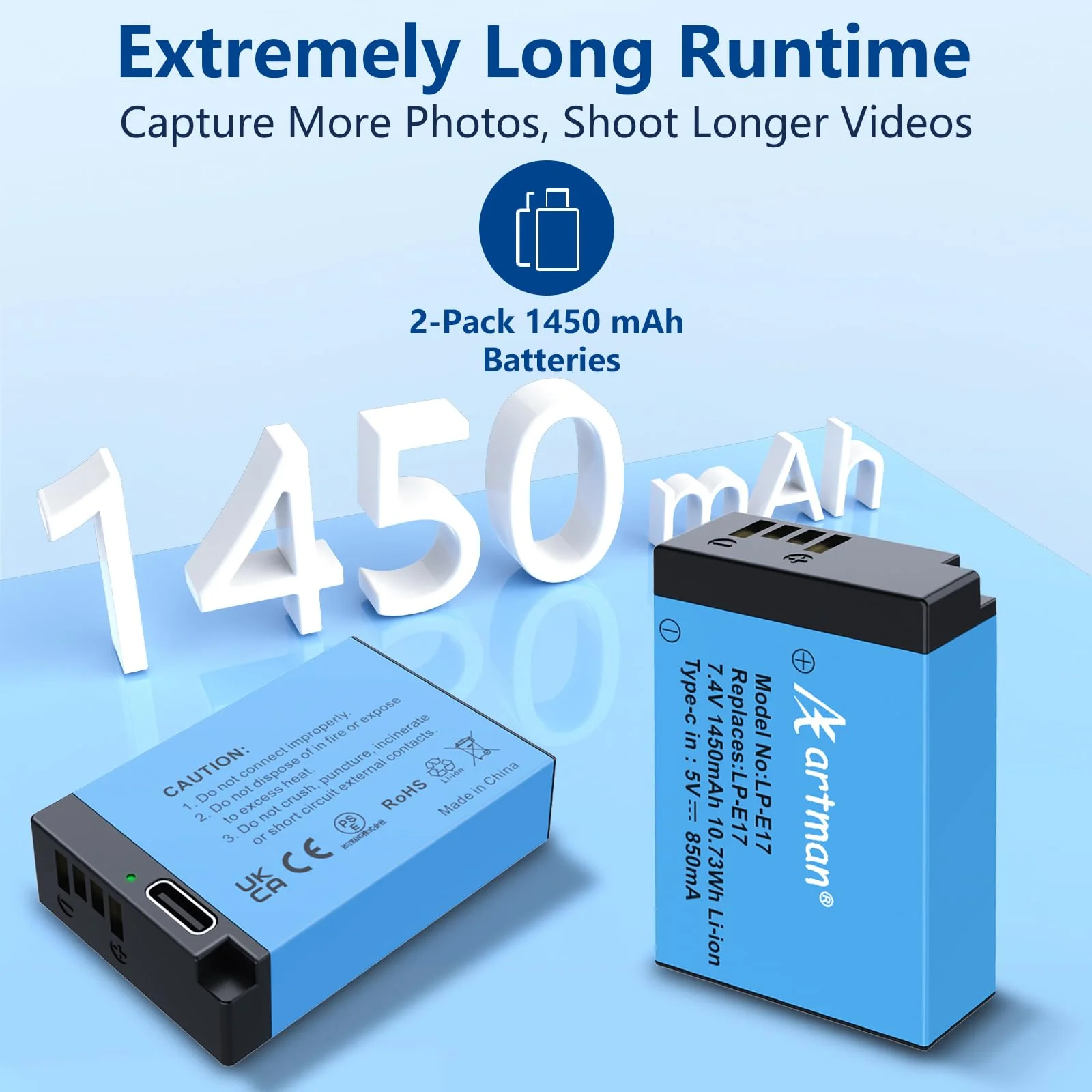 Artman 2-Pack LP-E17 Battery 1450mAh with Type-C Direct Charging Port for Canon EOS R50 RP R10 R8,Rebel T6i,T7i,T8i, T6s, SL2, SL3, EOS M3, M5, M6, EOS 200D, 77D, 750D, 760D, 800D, 8000D,Camera - Image 3