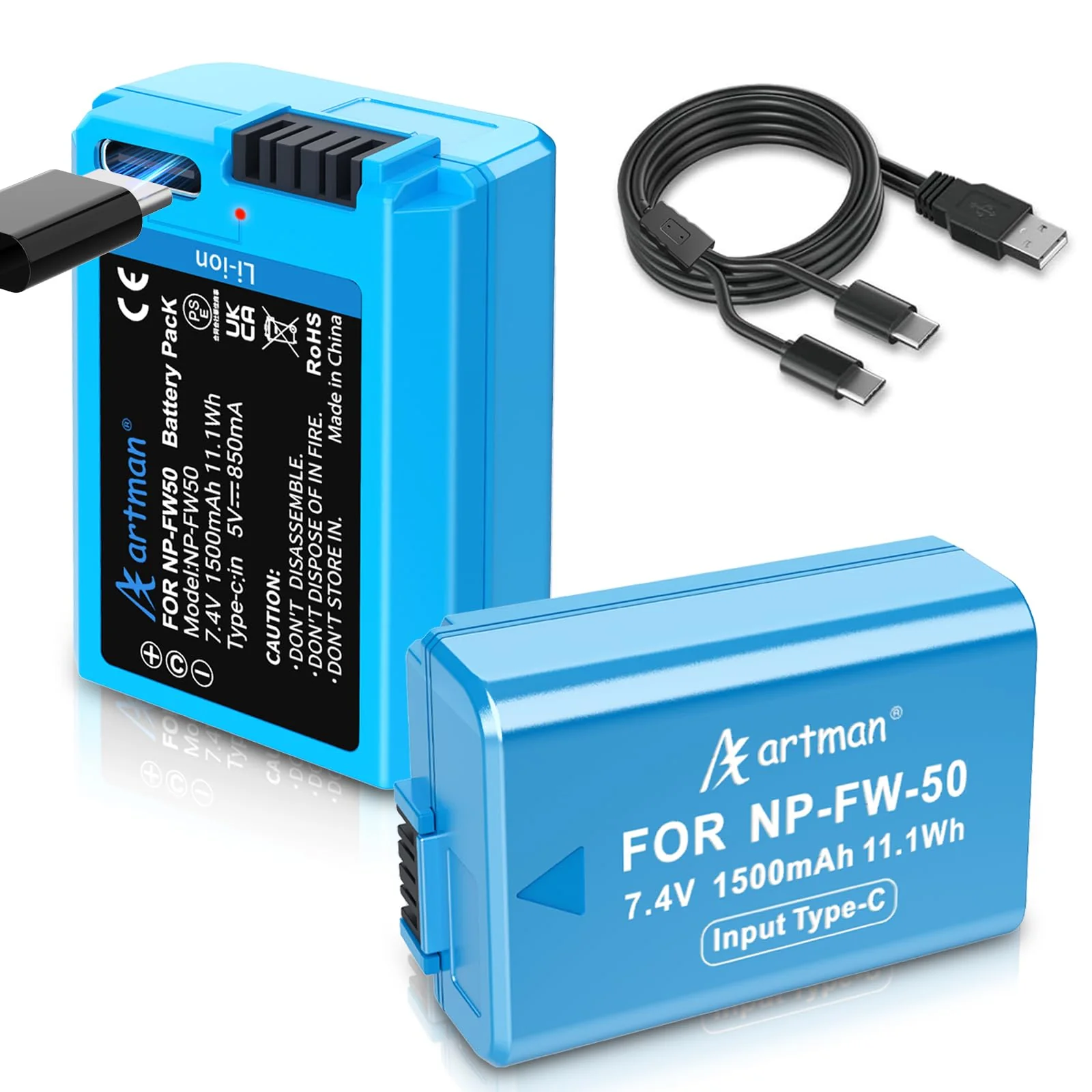 Artman 2-Pack NP-FW50 Battery 1500mAh with Type-C Fast Two-Ended Direct Charging Port for Sony ZV-E10, Alpha A6000 A6300 A6400 A6500 A5000 A5100 A7 A7II A7IV A7R A7RII A7S A7SII RX10 II III Camera