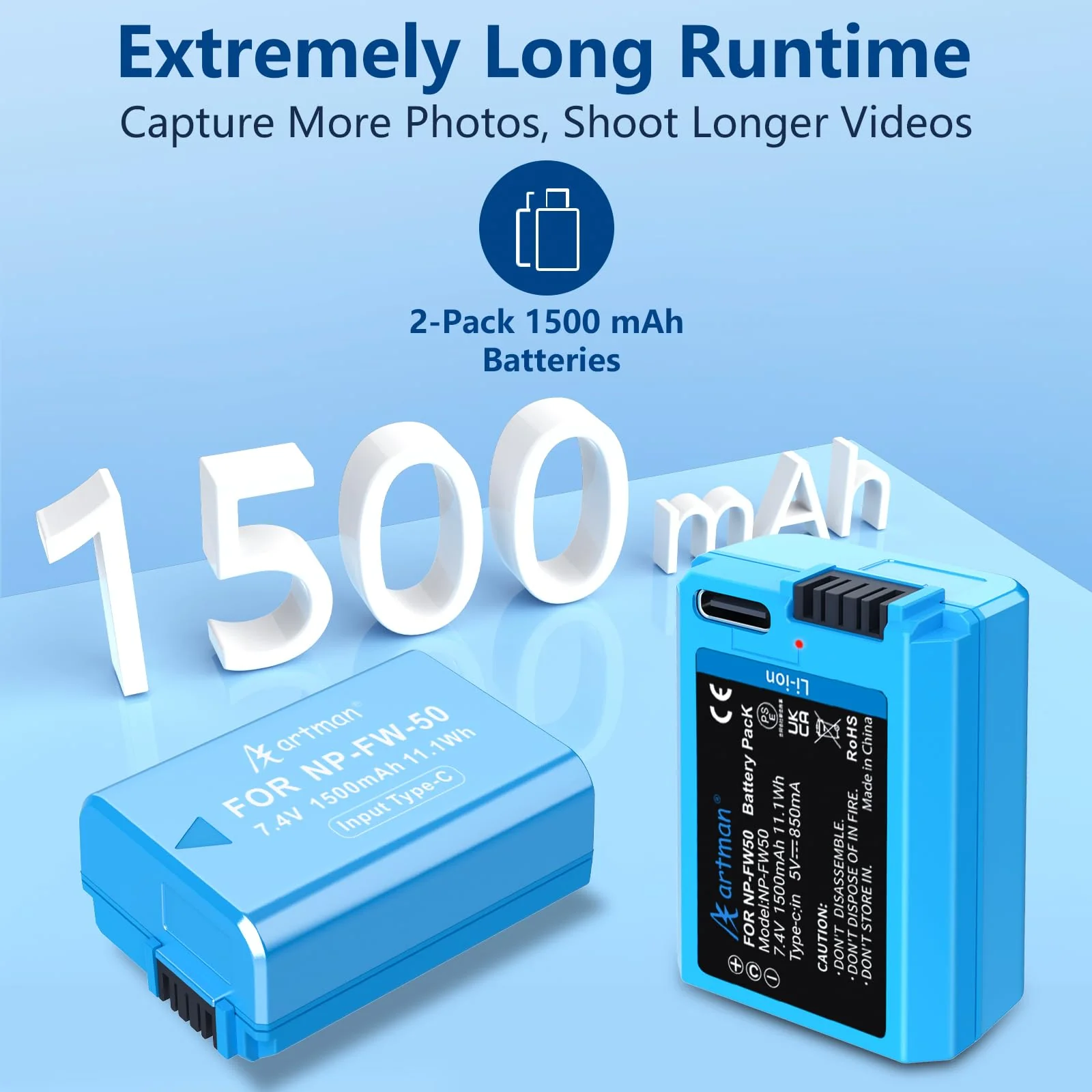Artman 2-Pack NP-FW50 Battery 1500mAh with Type-C Fast Two-Ended Direct Charging Port for Sony ZV-E10, Alpha A6000 A6300 A6400 A6500 A5000 A5100 A7 A7II A7IV A7R A7RII A7S A7SII RX10 II III Camera - Image 3