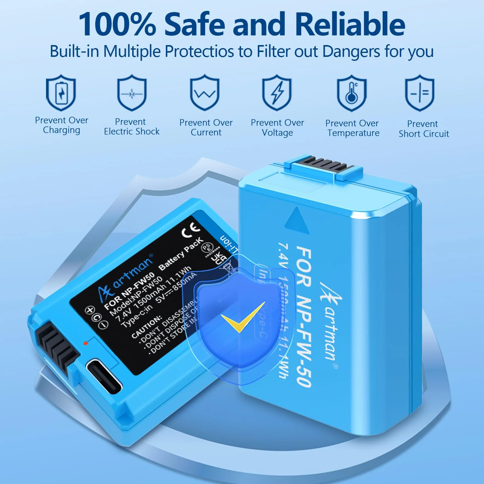 Artman 2-Pack NP-FW50 Battery 1500mAh with Type-C Fast Two-Ended Direct Charging Port for Sony ZV-E10, Alpha A6000 A6300 A6400 A6500 A5000 A5100 A7 A7II A7IV A7R A7RII A7S A7SII RX10 II III Camera - Image 4