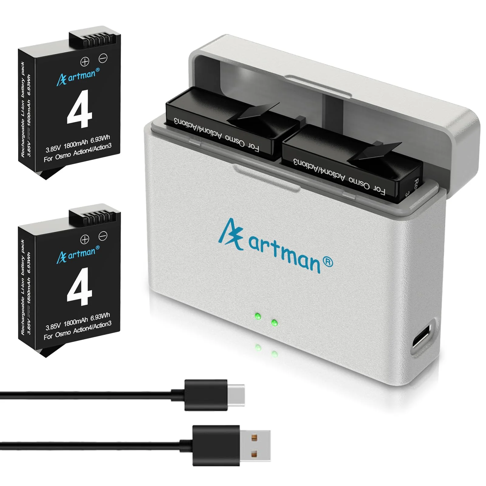 Artman 2-Pack Osmo Action 4/3 Battery with Dual USB Fast Charger Case Kit, 1800mAh Osmo Action Battery Compatible with DJI Osmo Action 3, Osmo Action 4 Sport Camera Accessories