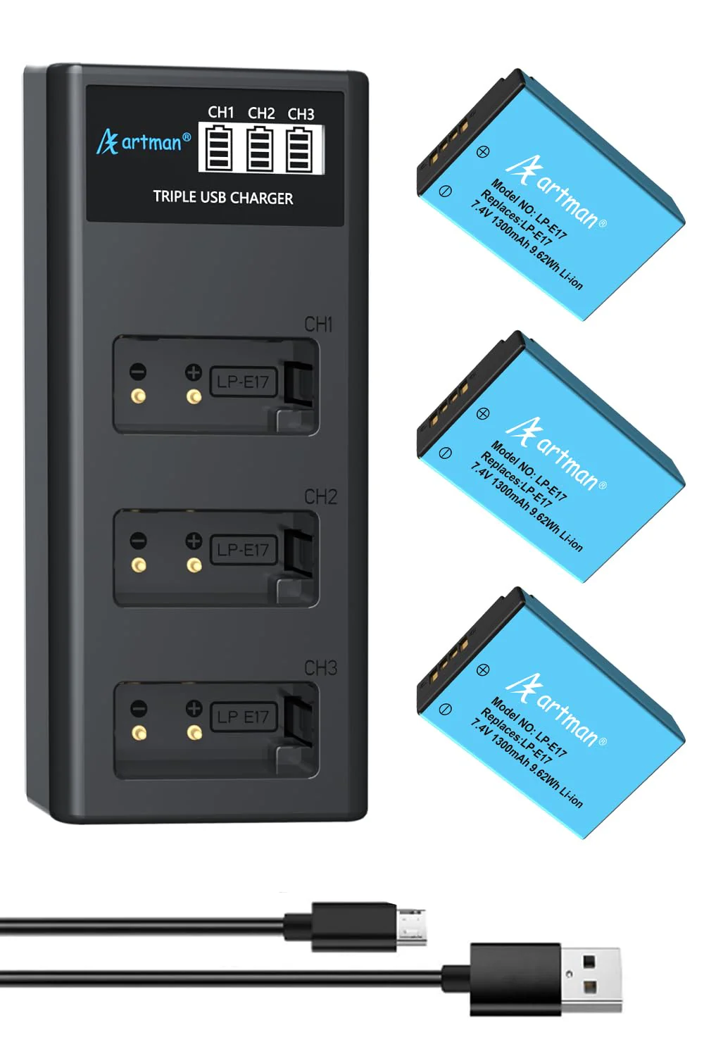 Artman 3-Pack LP-E17 Batteries 1300mAh and 3-Channel LCD Charger Pack for Canon EOS RP R10 R8 R50 Rebel T6i T7i T8i T6s SL2 SL3 EOS M3 M5 M6 200D 77D 750D 760D 800D 8000D KISS X8i Camera 3-Pack*Blue