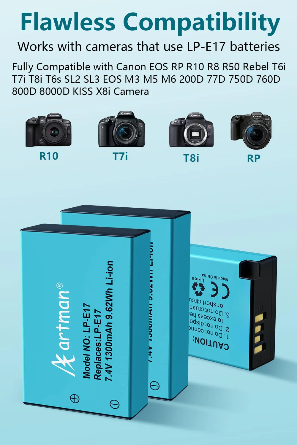 Artman 3-Pack LP-E17 Batteries 1300mAh and 3-Channel LCD Charger Pack for Canon EOS RP R10 R8 R50 Rebel T6i T7i T8i T6s SL2 SL3 EOS M3 M5 M6 200D 77D 750D 760D 800D 8000D KISS X8i Camera 3-Pack*Blue - Image 2