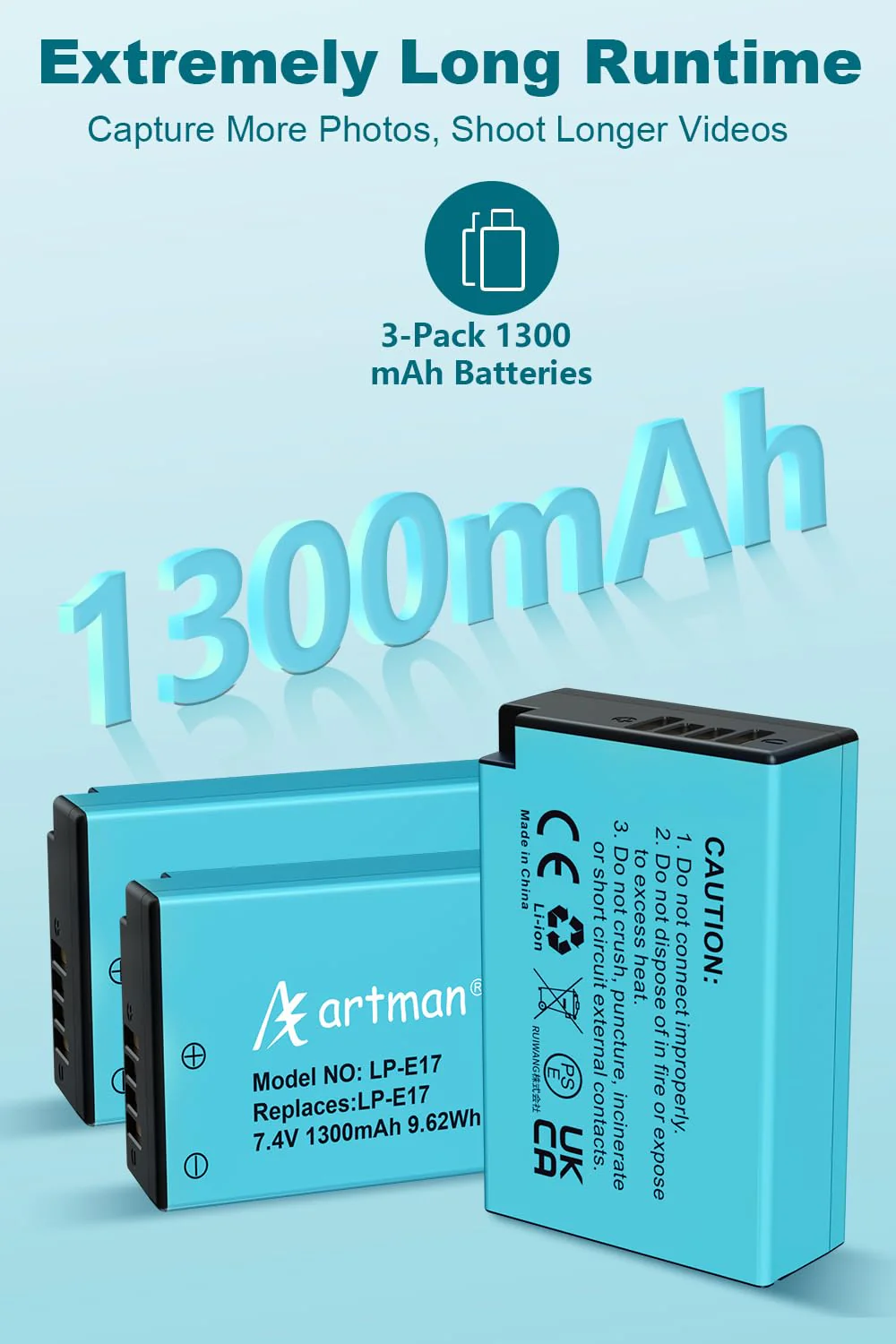 Artman 3-Pack LP-E17 Batteries 1300mAh and 3-Channel LCD Charger Pack for Canon EOS RP R10 R8 R50 Rebel T6i T7i T8i T6s SL2 SL3 EOS M3 M5 M6 200D 77D 750D 760D 800D 8000D KISS X8i Camera 3-Pack*Blue - Image 3