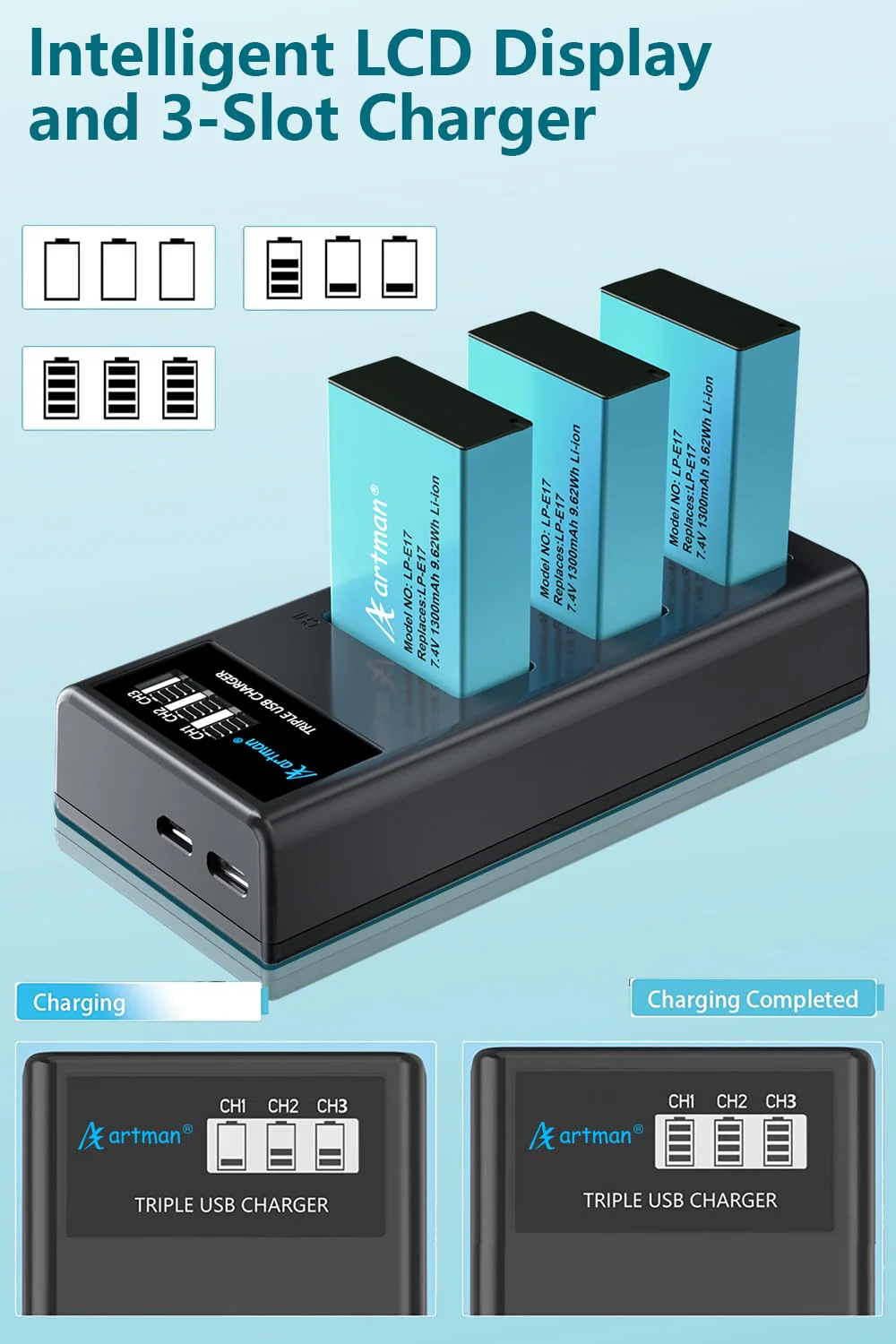 Artman 3-Pack LP-E17 Batteries 1300mAh and 3-Channel LCD Charger Pack for Canon EOS RP R10 R8 R50 Rebel T6i T7i T8i T6s SL2 SL3 EOS M3 M5 M6 200D 77D 750D 760D 800D 8000D KISS X8i Camera 3-Pack*Blue - Image 4