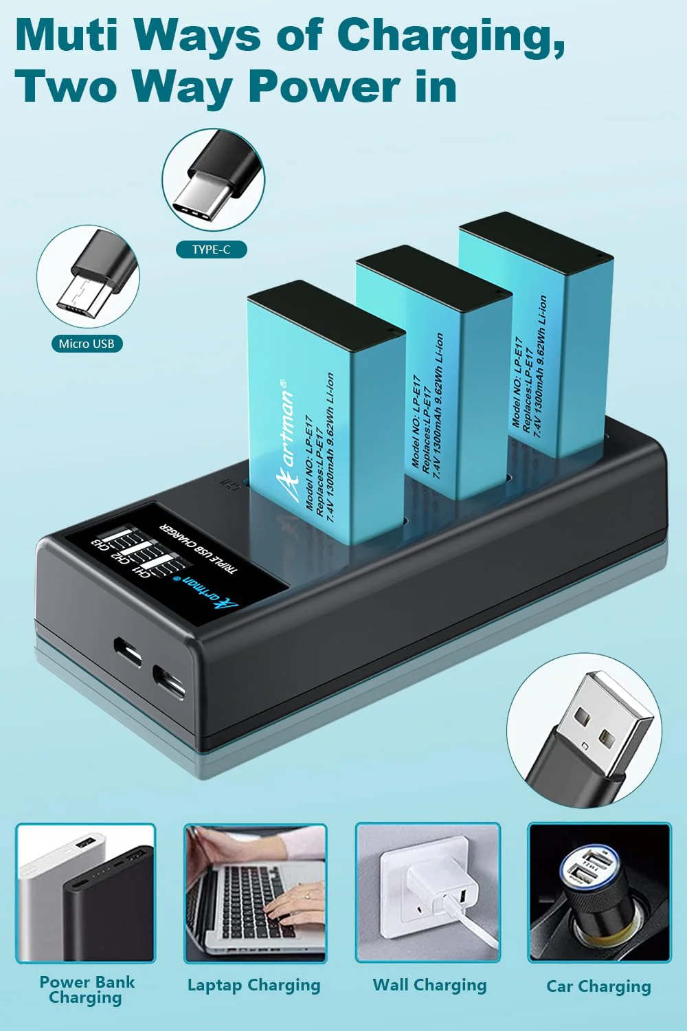 Artman 3-Pack LP-E17 Batteries 1300mAh and 3-Channel LCD Charger Pack for Canon EOS RP R10 R8 R50 Rebel T6i T7i T8i T6s SL2 SL3 EOS M3 M5 M6 200D 77D 750D 760D 800D 8000D KISS X8i Camera 3-Pack*Blue - Image 6