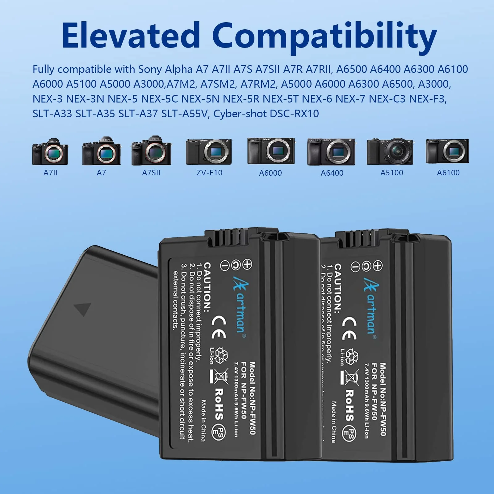 Artman 3-Pack NP-FW50 Battery and Upgraded 3-Slot LCD Charger Compatible with Sony ZV-E10, Alpha A6000 A6300 A6400 A6500 A5000 A5100 A7 A7II A7R A7RII A7S A7SII RX10 II III Camera black - Image 2