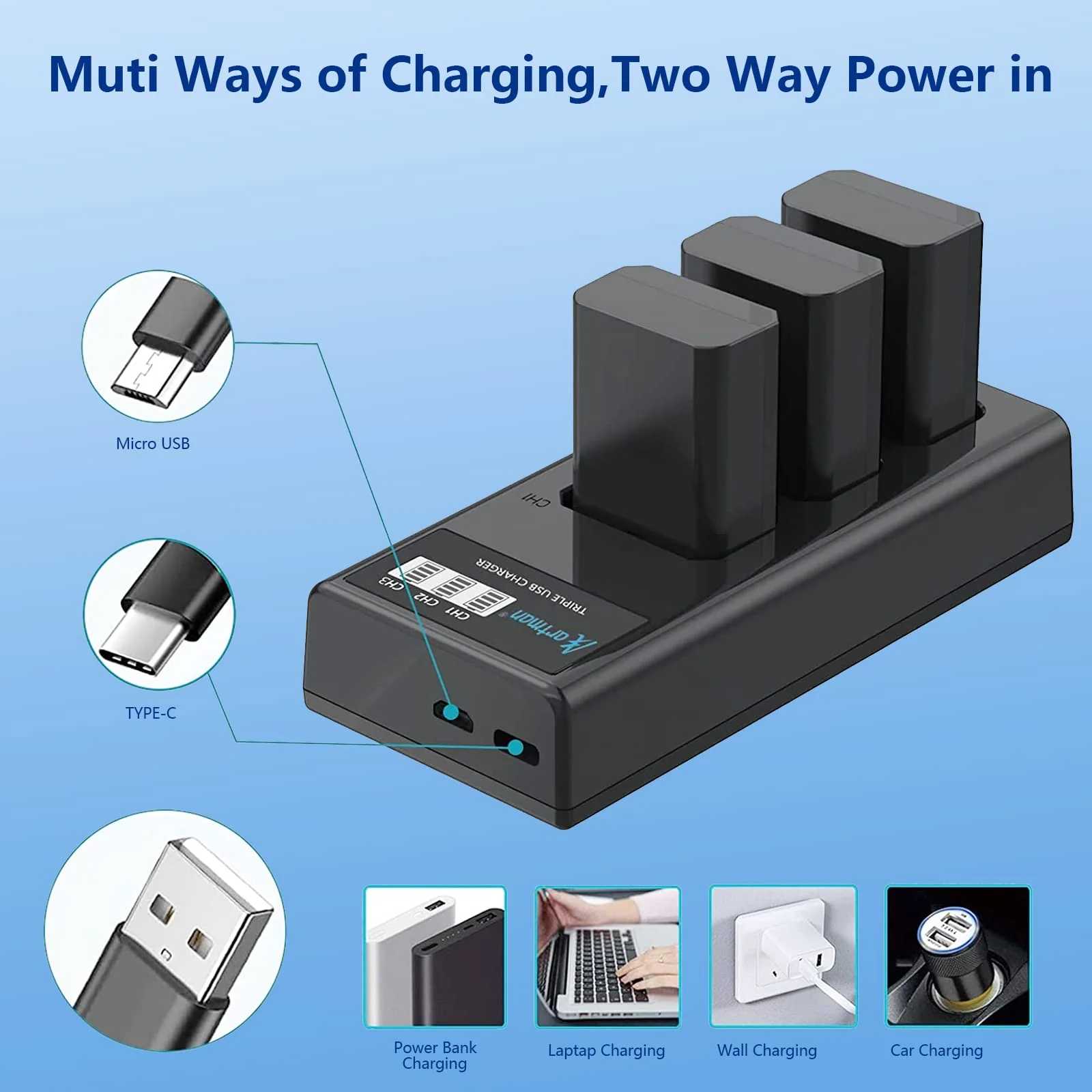 Artman 3-Pack NP-FW50 Battery and Upgraded 3-Slot LCD Charger Compatible with Sony ZV-E10, Alpha A6000 A6300 A6400 A6500 A5000 A5100 A7 A7II A7R A7RII A7S A7SII RX10 II III Camera black - Image 6