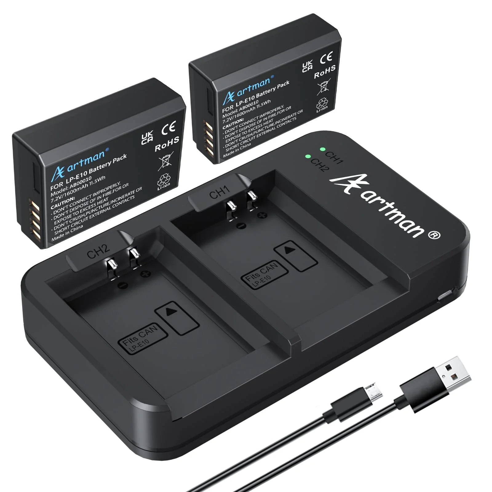 Artman LP-E10 Battery and USB Dual Battery Charger for Canon EOS Rebel T7 T6 T5 T3 T100, Kiss X50 Kiss X70 EOS 1100D/1200D/1300D/2000D Digital Cameras(2-Pack 1600mAh)