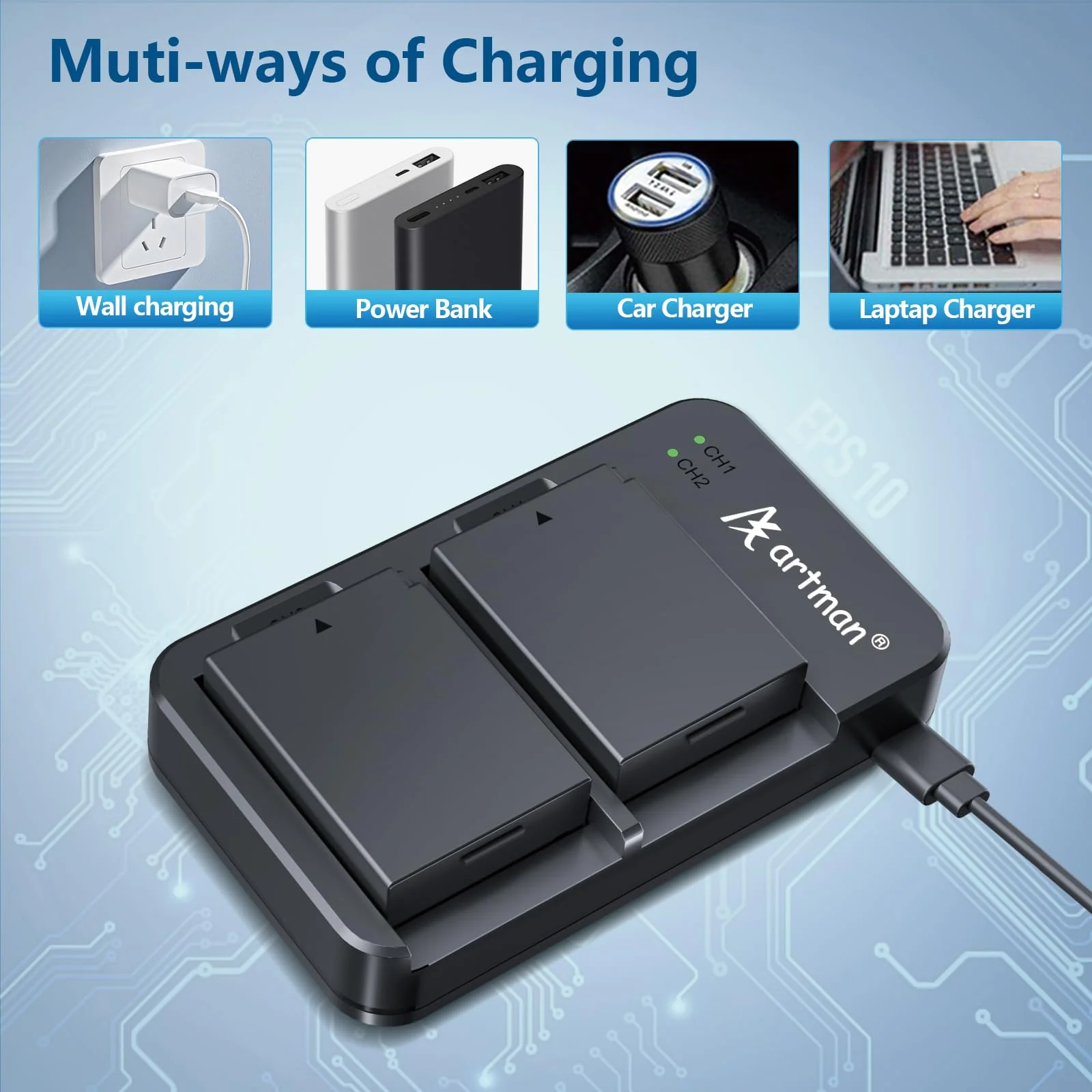 Artman LP-E10 Battery and USB Dual Battery Charger for Canon EOS Rebel T7 T6 T5 T3 T100, Kiss X50 Kiss X70 EOS 1100D/1200D/1300D/2000D Digital Cameras(2-Pack 1600mAh) - Image 6