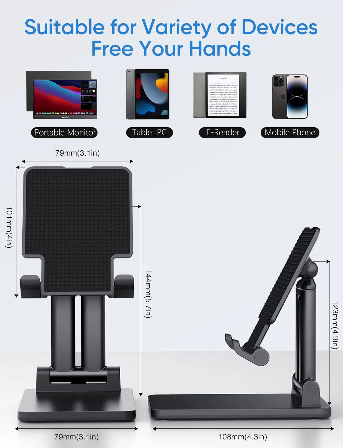 ARZOPA Cell Phone Stand, Adjustable & Foldable Sturdy Holder for Desk, Compatible iPhone, iPad Pro/Air/Mini, Surface Pro, Portable Monitor 7"-15.6" - Image 3