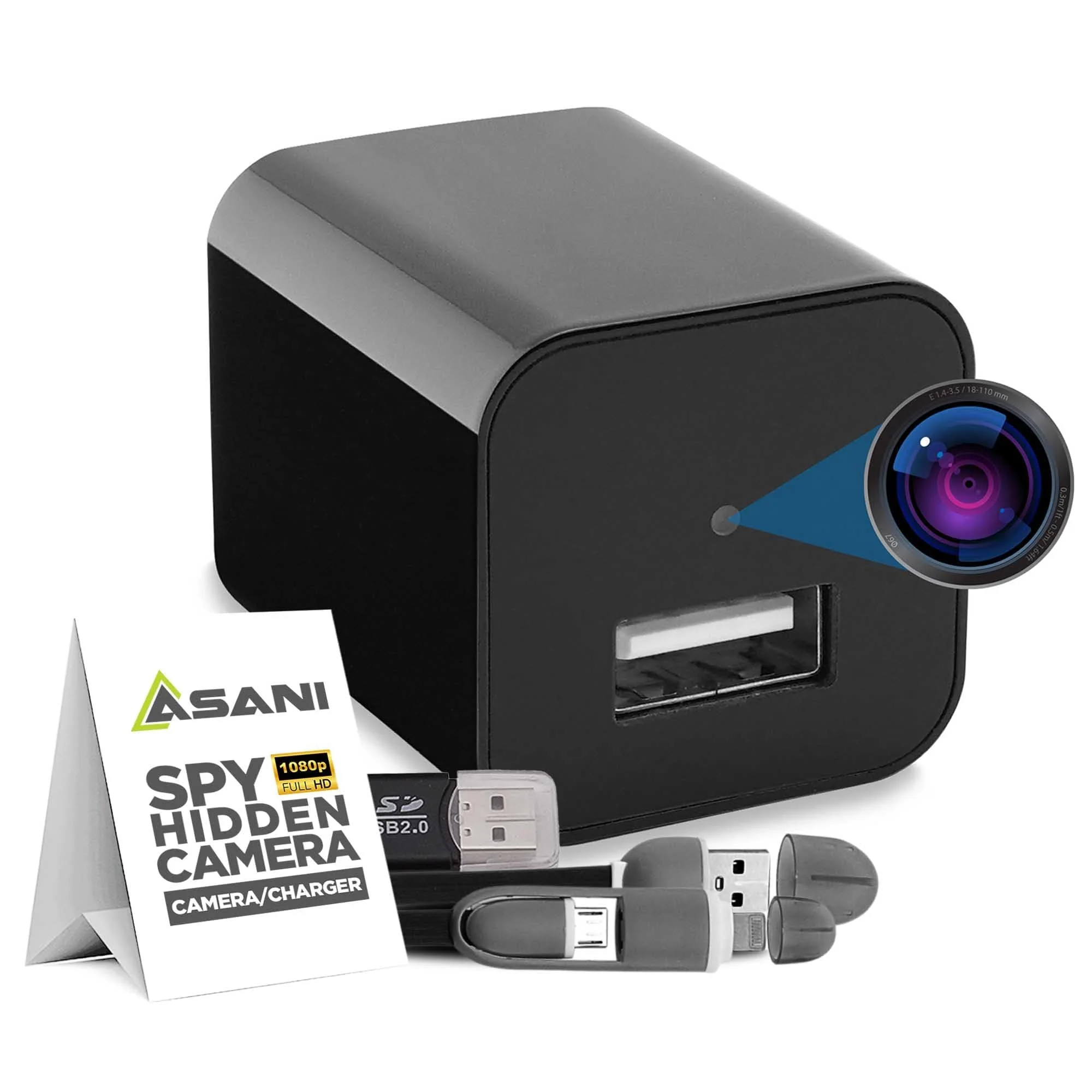 Asani Hidden Spy Camera USB Charger - Home & Office Security Nanny Cam with SD Card Slot, Motion Detection, Full HD Video, Smartphone Connectivity, Ideal for Monitoring Elderly Parents, Pets