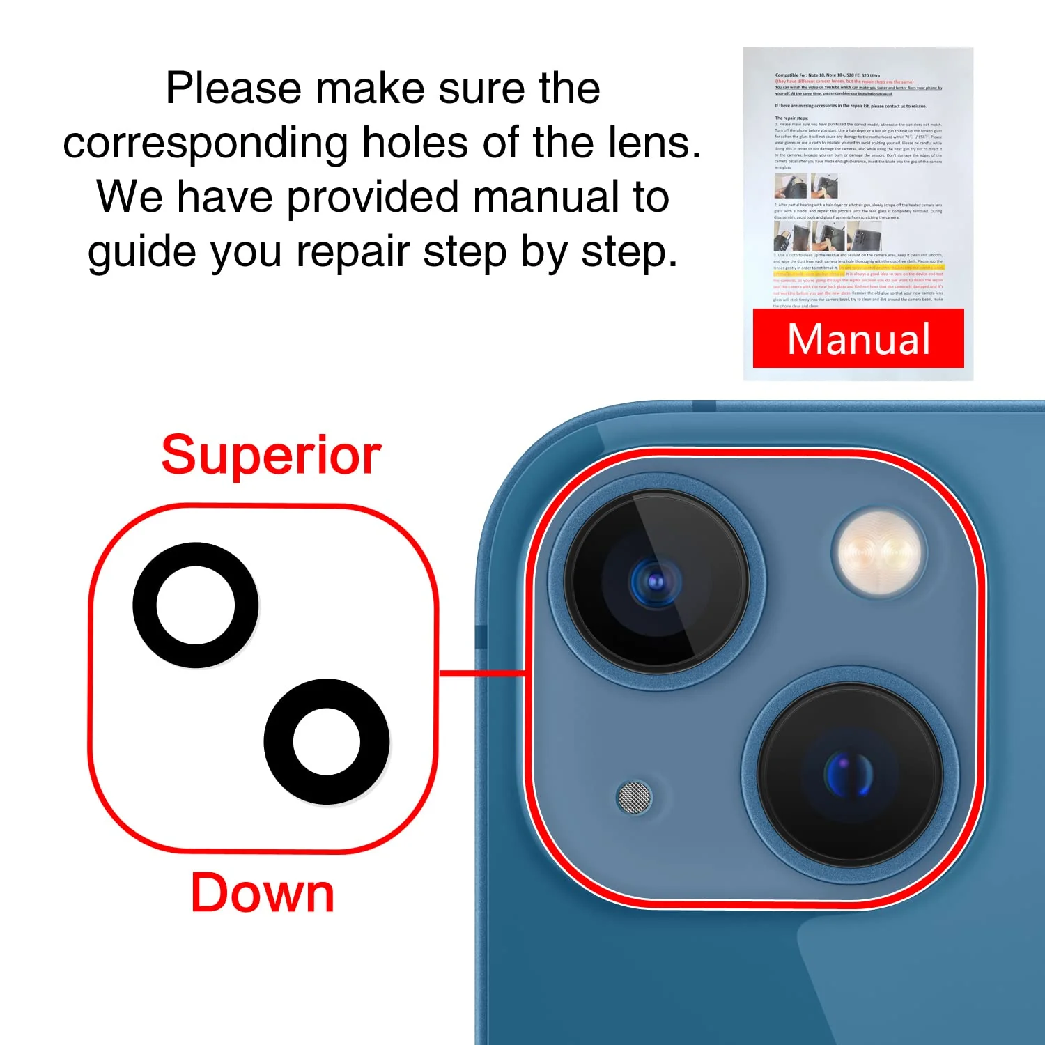 ASDAWN Back Rear Camera Lens Glass Replacement for iPhone 13 6.1 inch and 13 Mini 5.4 inch with Pre-Installed Adhesive, Back Lens Glass with Installation Manual + Repair Tool Set - Image 6