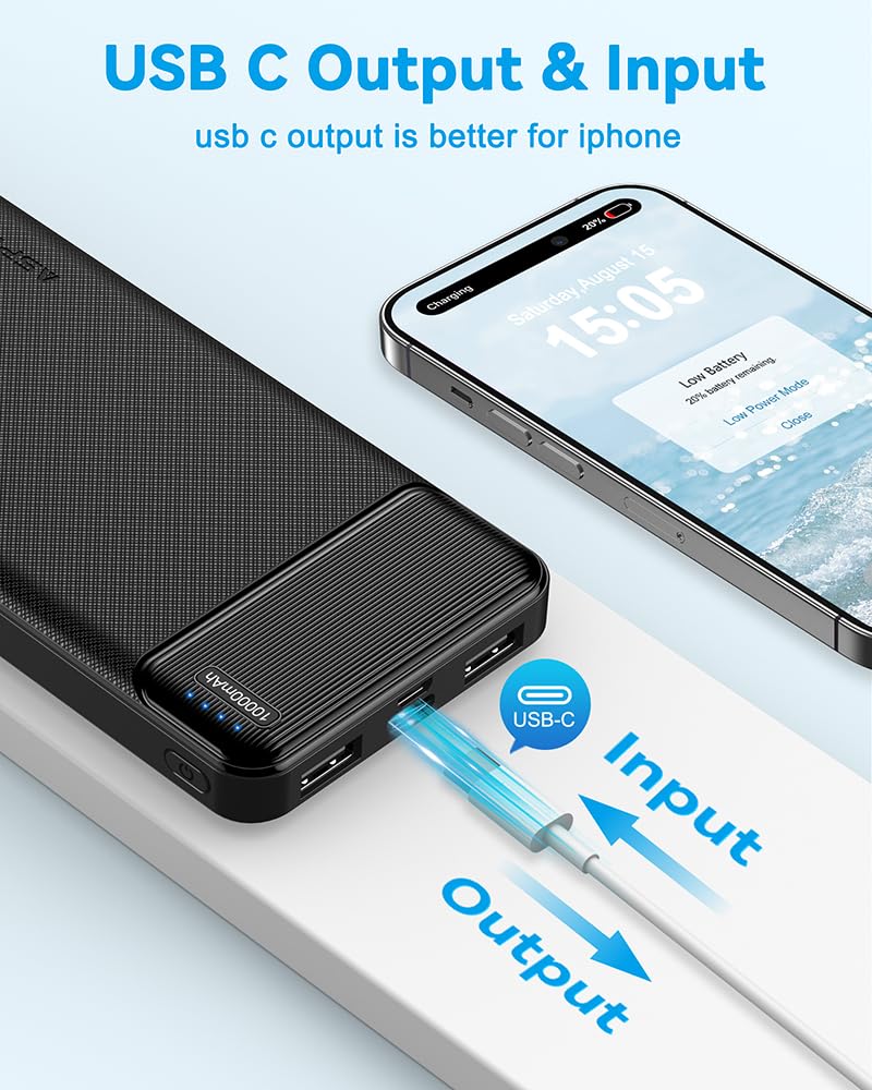 AsperX 2-Pack 10000mAh USB C Output Portable Charger Power Bank Fast Charging, Portable Phone Charger External Battery Pack for iPhone, Samsung, Google LG and Heated Vest Black+White - Image 3