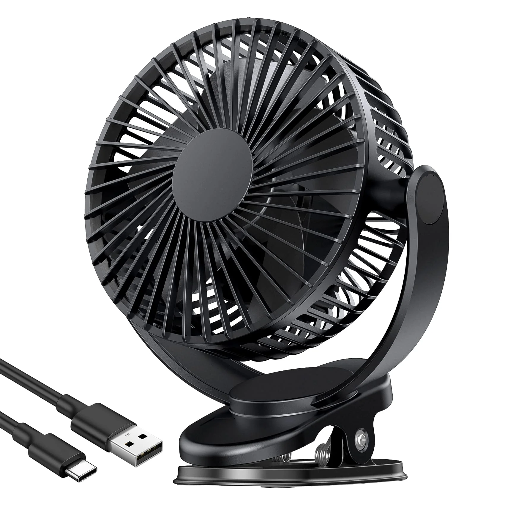 ATEngeus USB Fan, Rechargeable Portable Fan, Clip on Fan, Battery Operated Fan, 3 Speeds, 5000mAh USB Desk Fan, 720°Rotation, Sturdy Clamp for home, Camping, Treadmill and car TF-28D