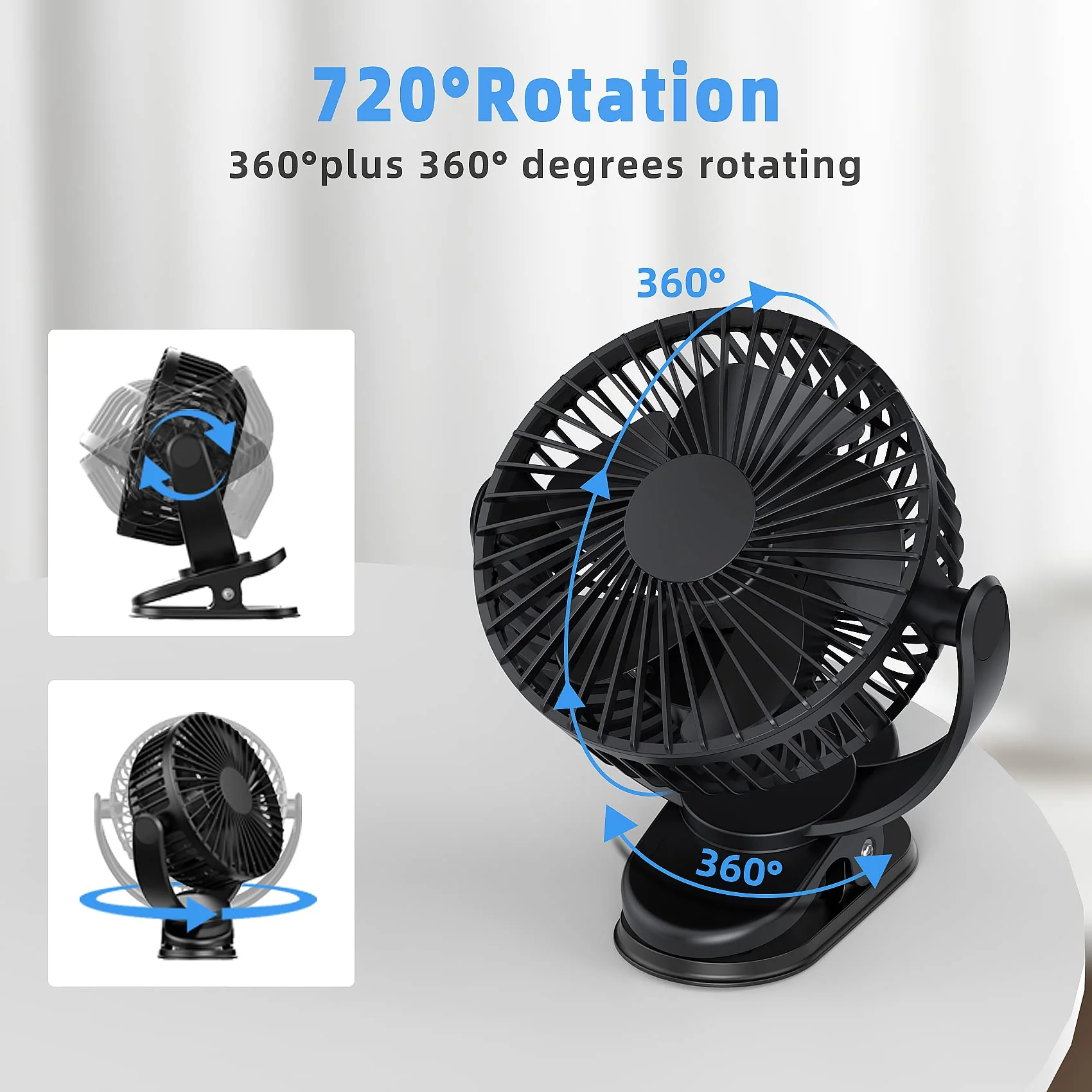 ATEngeus USB Fan, Rechargeable Portable Fan, Clip on Fan, Battery Operated Fan, 3 Speeds, 5000mAh USB Desk Fan, 720°Rotation, Sturdy Clamp for home, Camping, Treadmill and car TF-28D - Image 3