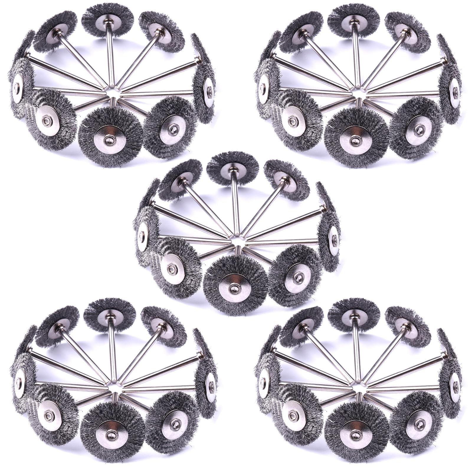 ATOPLEE Wire Wheel Brush Set,50pcs 1 inch/25mm Mini Wire Wheel with 3mm Round Shank,Alloy Steel Crimped Wire Brush Wheel for Cleaning Rust,Paint, Stripping and Abrasive,for Drill Attachment 50
