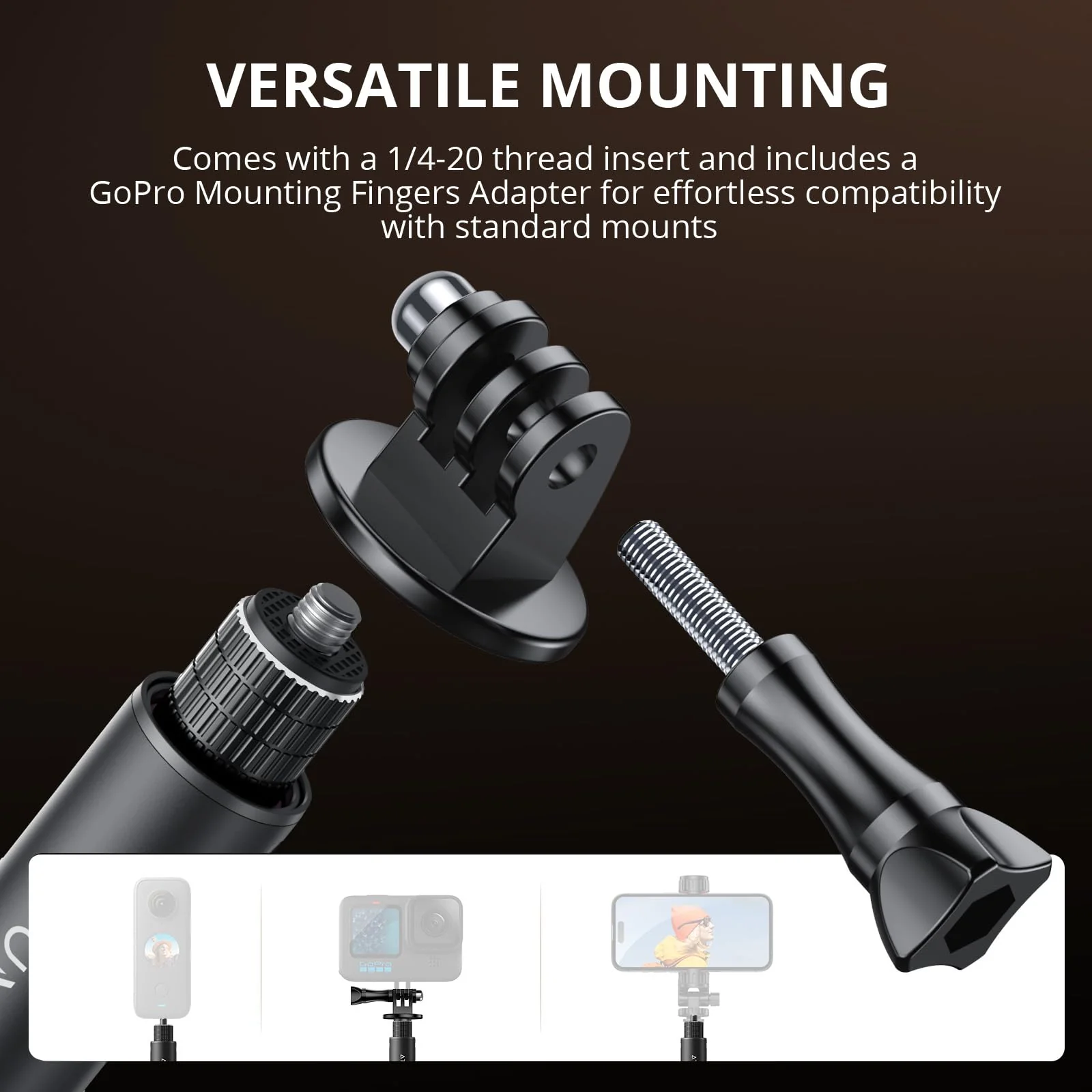 ATUMTEK 114cm Invisible Selfie Stick, 1/4" Extended Monopod Pole, Solid and Compact Design for Insta360, for GoPro, DJI, Action Camera (Buckle Mount for GoPro and Wrist Strap Included) - Image 5