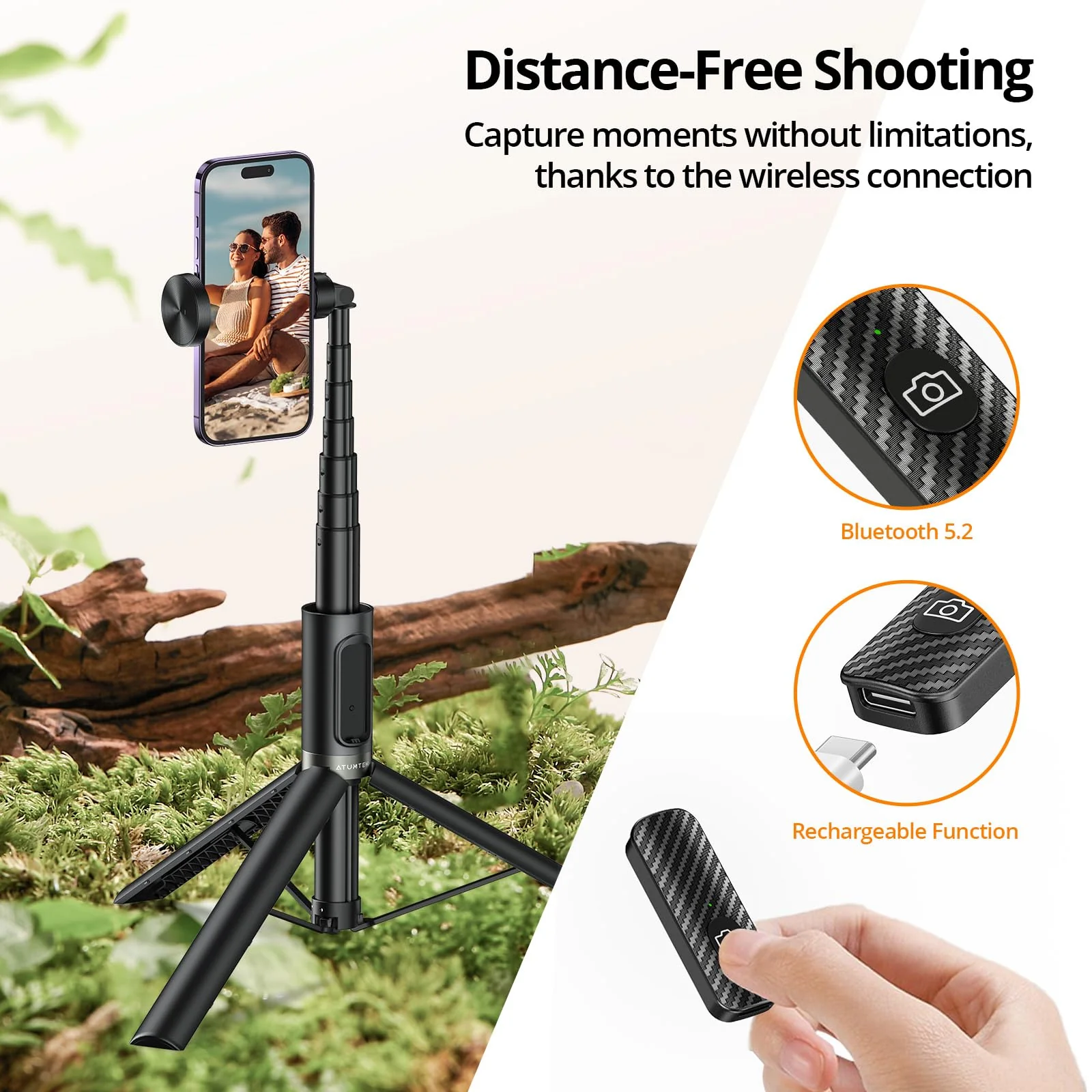 ATUMTEK 55" Selfie Stick Tripod, All-in-one Extendable Aluminum Phone Tripod with Rechargeable Bluetooth Remote for iPhone, Samsung, Google, LG, Sony and More, Fitting 4.7-7 inch Smartphones, Black 55" - Image 2