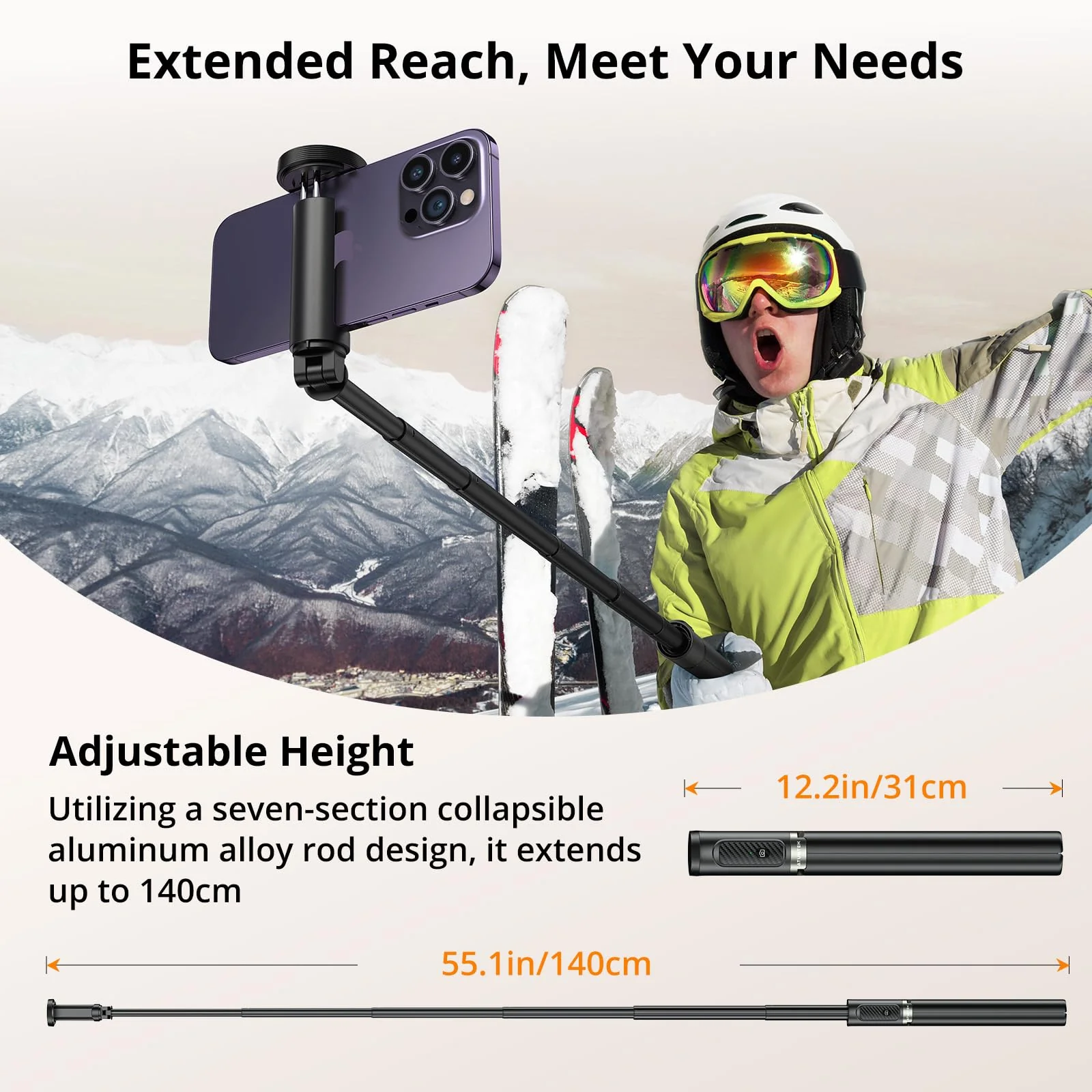 ATUMTEK 55" Selfie Stick Tripod, All-in-one Extendable Aluminum Phone Tripod with Rechargeable Bluetooth Remote for iPhone, Samsung, Google, LG, Sony and More, Fitting 4.7-7 inch Smartphones, Black 55" - Image 3