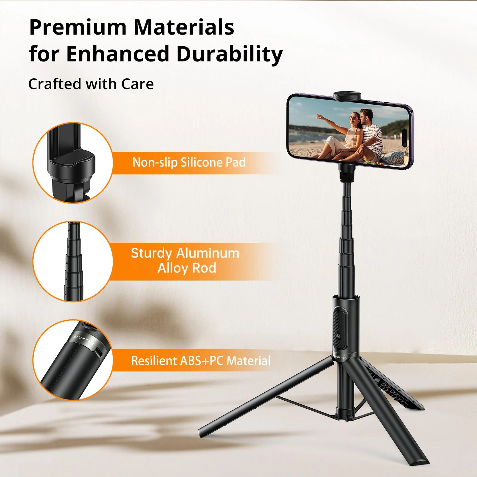 ATUMTEK 55" Selfie Stick Tripod, All-in-one Extendable Aluminum Phone Tripod with Rechargeable Bluetooth Remote for iPhone, Samsung, Google, LG, Sony and More, Fitting 4.7-7 inch Smartphones, Black 55" - Image 7