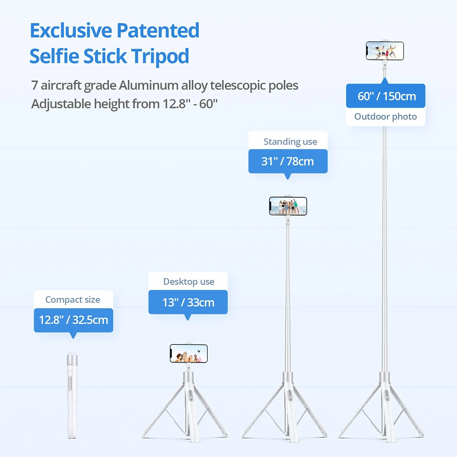 ATUMTEK 60" Selfie Stick Tripod, All in One Extendable Phone Tripod Stand with Bluetooth Remote 360° Rotation for iPhone and Android Phone Selfies, Video Recording, Vlogging, Live Streaming, White 60" - Image 2